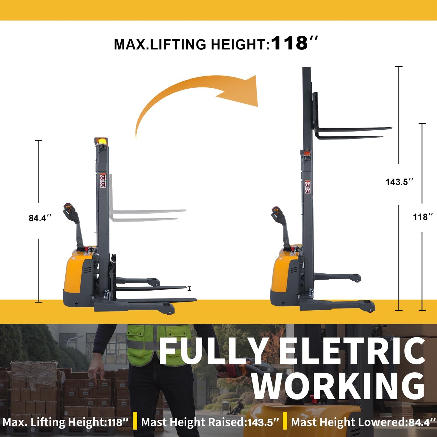 Full Electric Pallet Stacker, Heavy-Duty Forklifts with Straddle Leg and Adjustable Forks for Efficient Warehouse Operations, Pallet Lifts Stackers with Built-in Charger