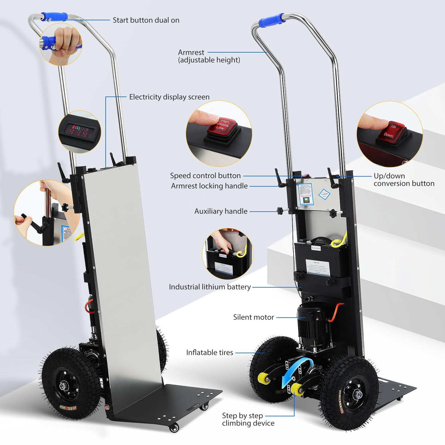 Hemobllo Electric Stair Climbing Cart: Heavy Duty Cart 881lbs Capacity 1200w Motorized Folding Stair Climber Hand Truck with Adjustable Height for Moving Fridge Furniture Appliances