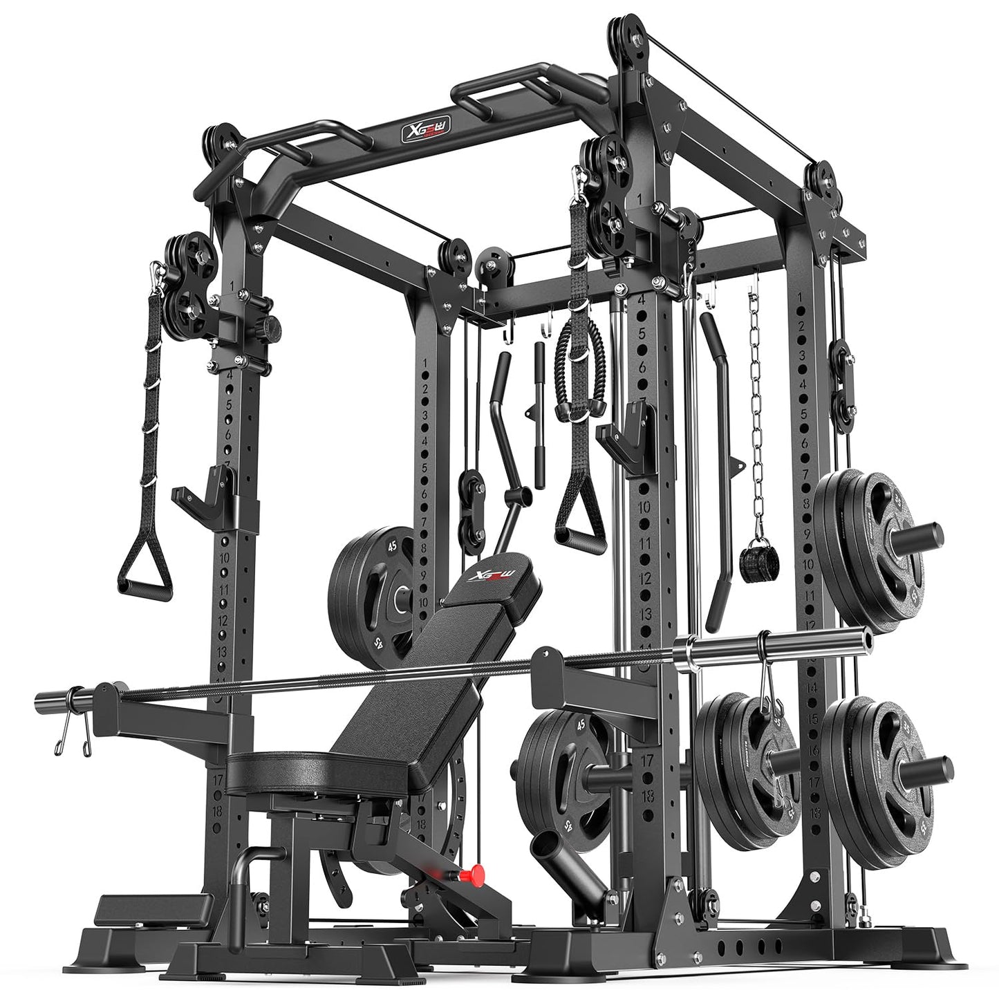 Power Rack Power Cage Multi-Function Squat Rack with Cable Crossover System Selectable More Training Attachment Power Rack for Garage & Home Gym (Black, D Set L02+Weight Bench+（pole+Cast Iron）248LBS)