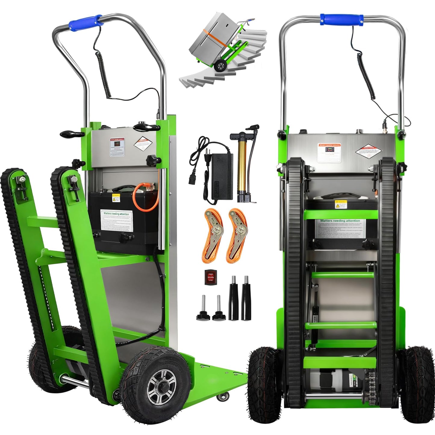 Electric Stair Climbing Dolly, 1250W Electric Hand Truck with Telescopic Handle, 3 Mode Folding Stair Climber 900lbs Max Load Capacity for Effortless Moving of Furniture (Green - Track & Wheel)