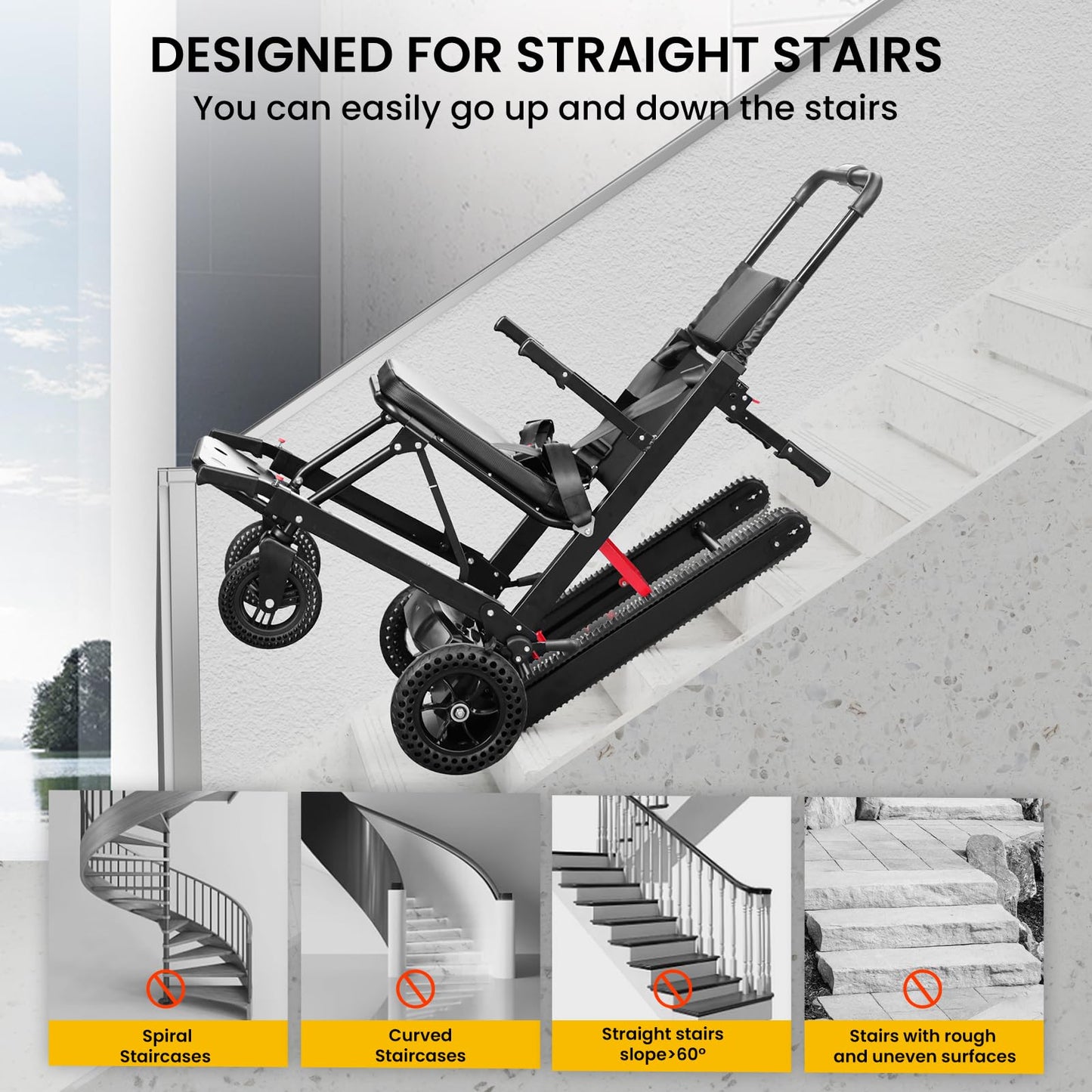 Electric Stair Climbing Wheelchair Foldable Stair Lifts for Seniors 450lbs Load Capacity Motorized Stair Chair Stairlift with Seat Belts Comfortable Cushion Powered Wheelchair (NXN20-205, NXN20-205M)