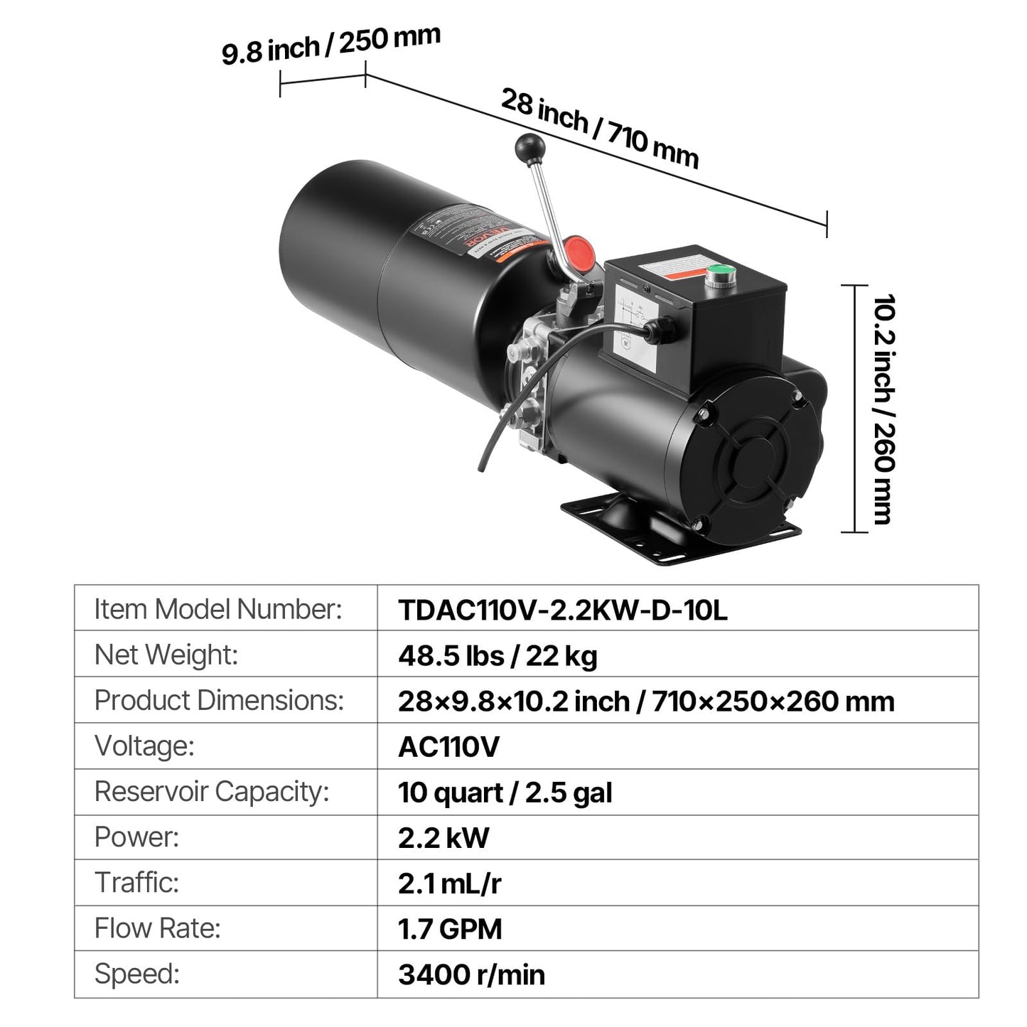 Vevor 110V 10 Quart Hydraulic Power Unit Automotive Hydraulic Pump Dump Trailer Vehicle Mounted Lifter Auto Shop Repair Car Lift Power Unit for Two and Four Post Lift Auto Hoist