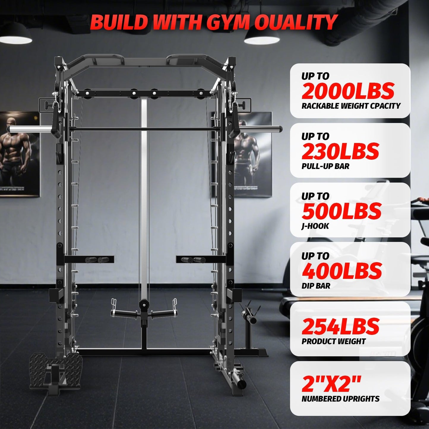 GAOMON Smith Machine Squat Rack, Heavy Duty Strength Training Power Cage with Pulley System, Dip Bar, LAT Pulldown, Multifunctional Workout Machine for Home Gym, Studio, Black