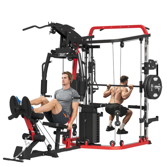 SPART All-in-One Home Gym Workout Station,Smithe Machine Home Gym Power Cage,Professional Functional Trainer for Couples & Family Strength Training,Leg Press, LAT Station for Full Body Training, Red