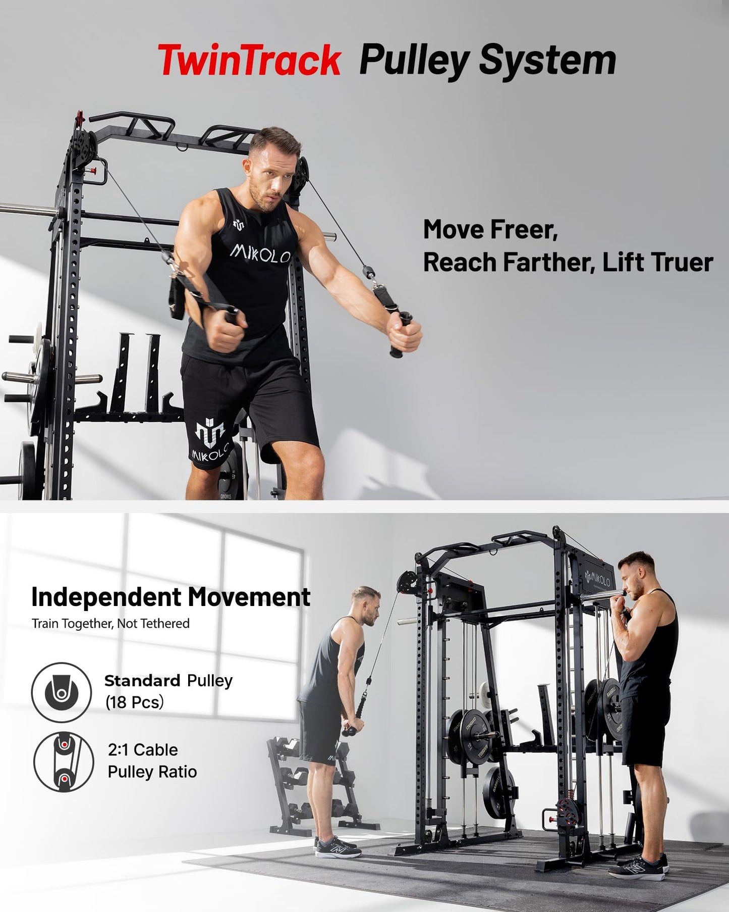 Mikolo M4 2.0 Standard Smith Machine with 230 lbs Bumper Weight Plates, Multi-Function Squat Rack with LAT-Pull Down System & Cable Crossover Machine, Home Gym Equipment, Red