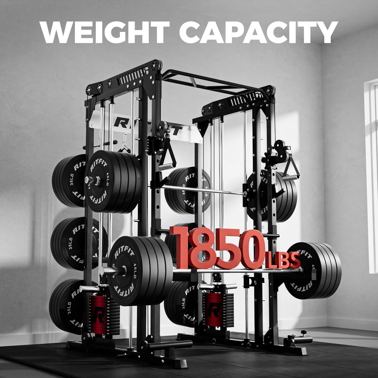 RitFit M1 Pro Smith Machine with LAM1 Adjustable Lever Arm Attachment, All-in-One Power Cage, Power Rack with LAT Pulldown & Cable Crossover System for Home Gym(Black with Weight Stack)