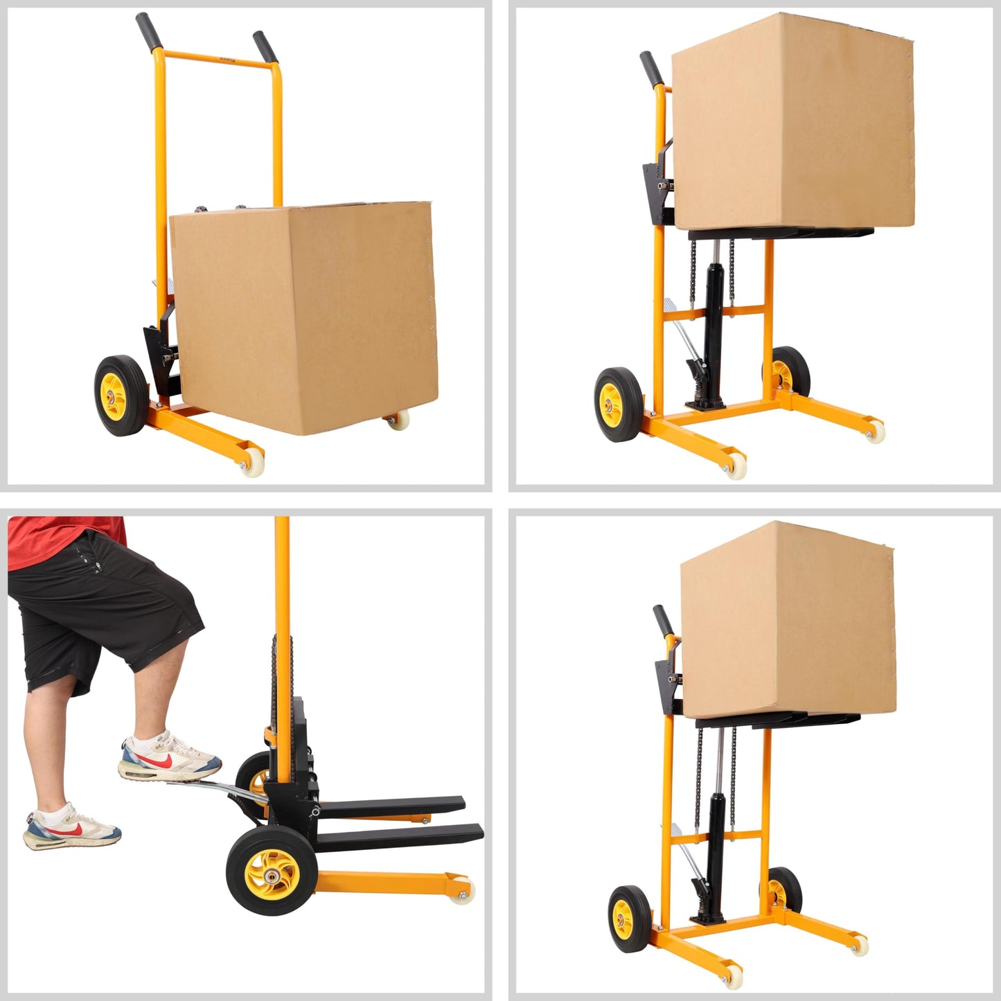 Hydraulic Manual Forklift Pallet Stacker Forks 440 lbs Load Capacity Steel Material with Swivel Casters Rear Rubber Tires 30" x 26" x 49.25"H Heavy Duty Dolly Hand Truck Transporter Yellow