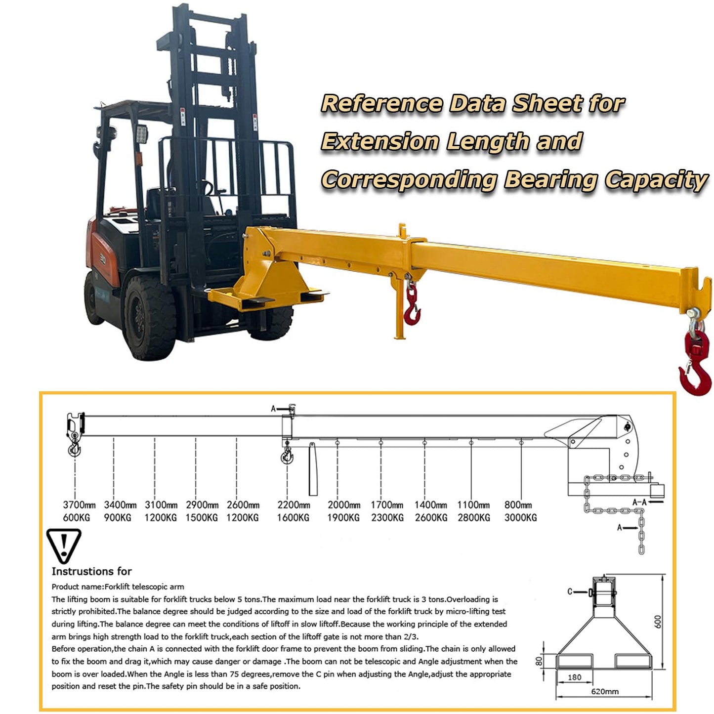 INTSUPERMAI Forklift Jib Boom Crane with Adjustable Tilt Angle 3 Ton / 6600 LB Forklift Mobile Crane Adjustable Forklift Crane Attachment with Truss Hoist Jib Boom Hook Max 12.14ft/3.7m Length