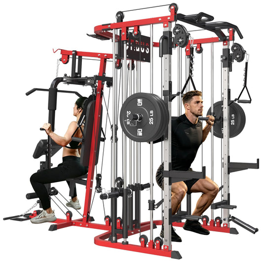 FAGUS H All in One Home Gym System Workout Station, Multi-Function Smithe Machine Power Cage with Cable Crossover, Tripe-Sided Independent Load Posts, Smithe Trainer for Full Body Training, Black Red