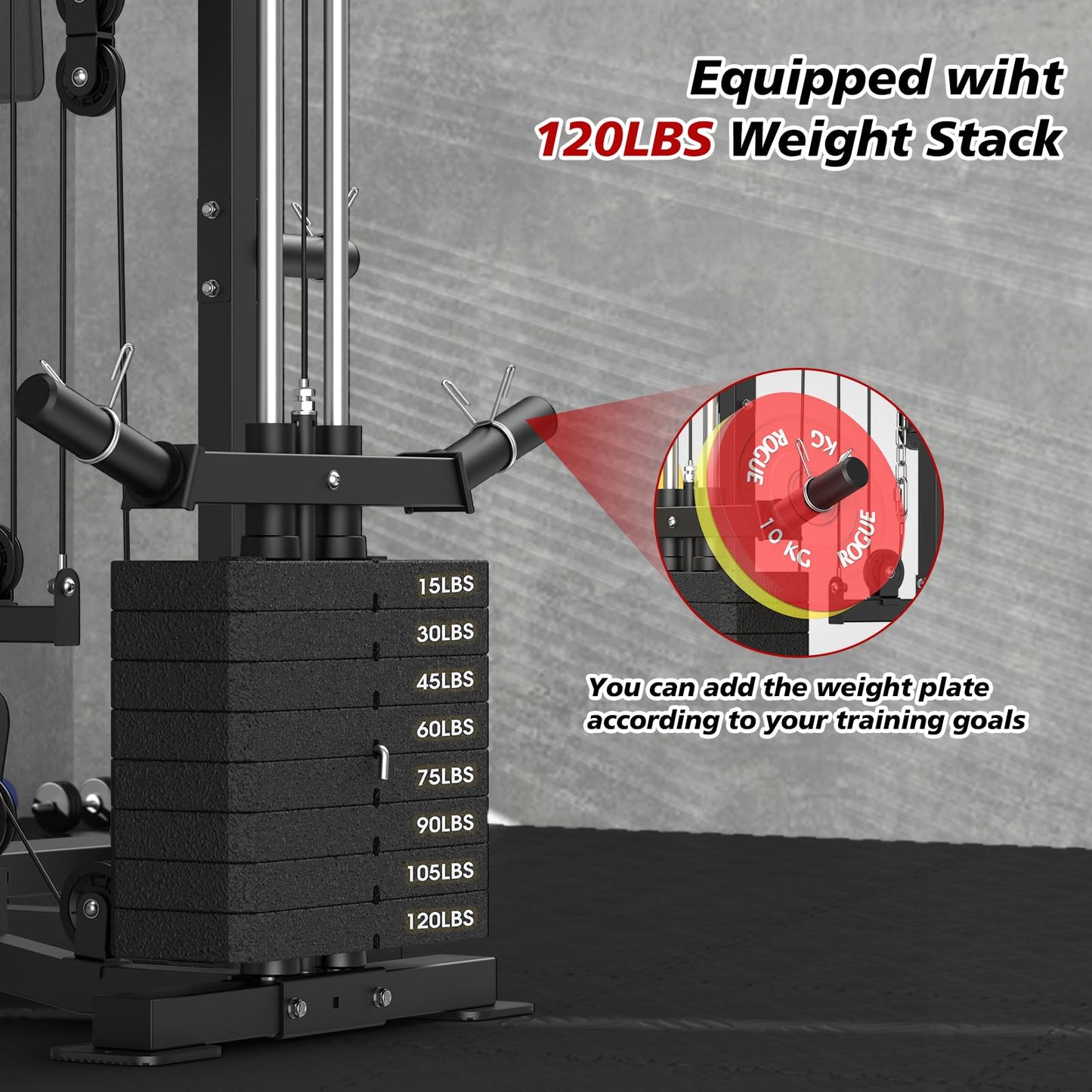 SunHome Smith Machine, Power Cage Squat Rack with Smith Bar, LAT Pull-Down Systems, Cable Crossover Machine and Cable Attachment for Home Gym (Pro Smith Machine with Bench and 230LBS Weight Plates)