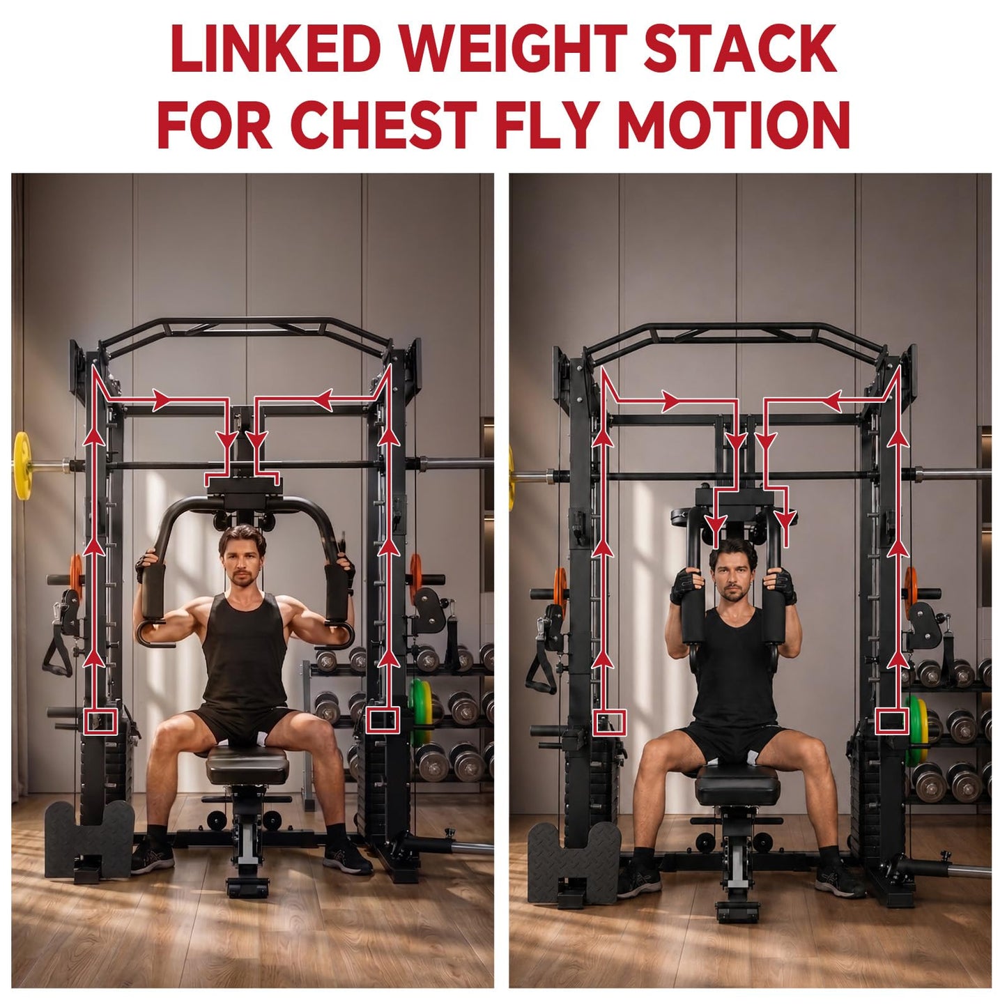 Smith Machine with Bench, Chest Fly and Leg Press, Dual 313 lb Weight Stacks, All in One Home Gym with Power Cage, Cable Pulley and LAT Pulldown for Full Body Strength Training