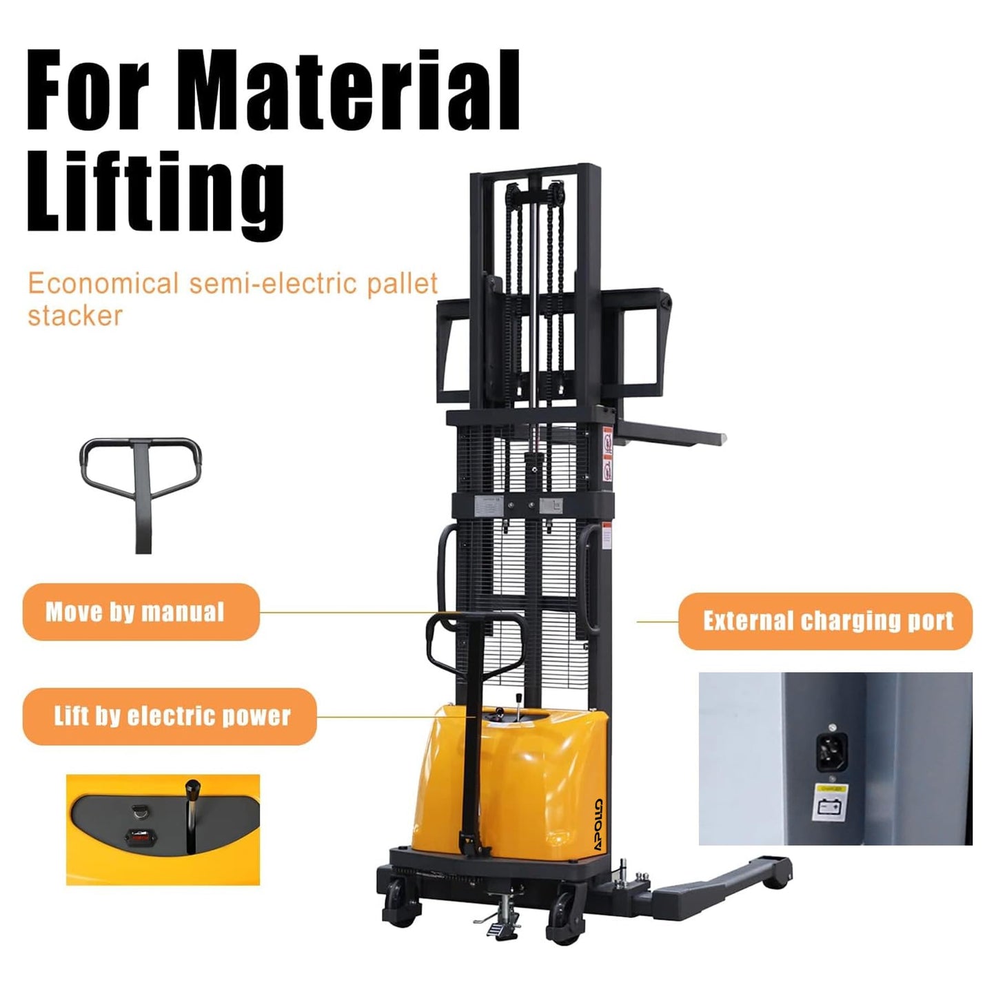 APOLLO Semi-Electric Pallet Stacker, 3300 lbs Capacity, 118" Lifting Height Material Lift, Forklift with Straddle Legs and Forks
