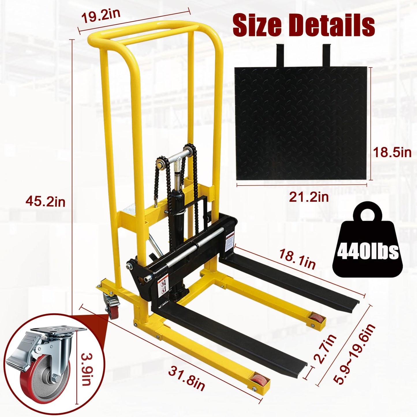 Hydraulic Material Lift Winch Stacker, Double-Support Pallet Truck, Capacity Pallet Truck Dolly, Manual Forklift Stakcer, 35" Max Lift w/ 3.6" Wheels 360° Swivel Casters, Adjustable Forks