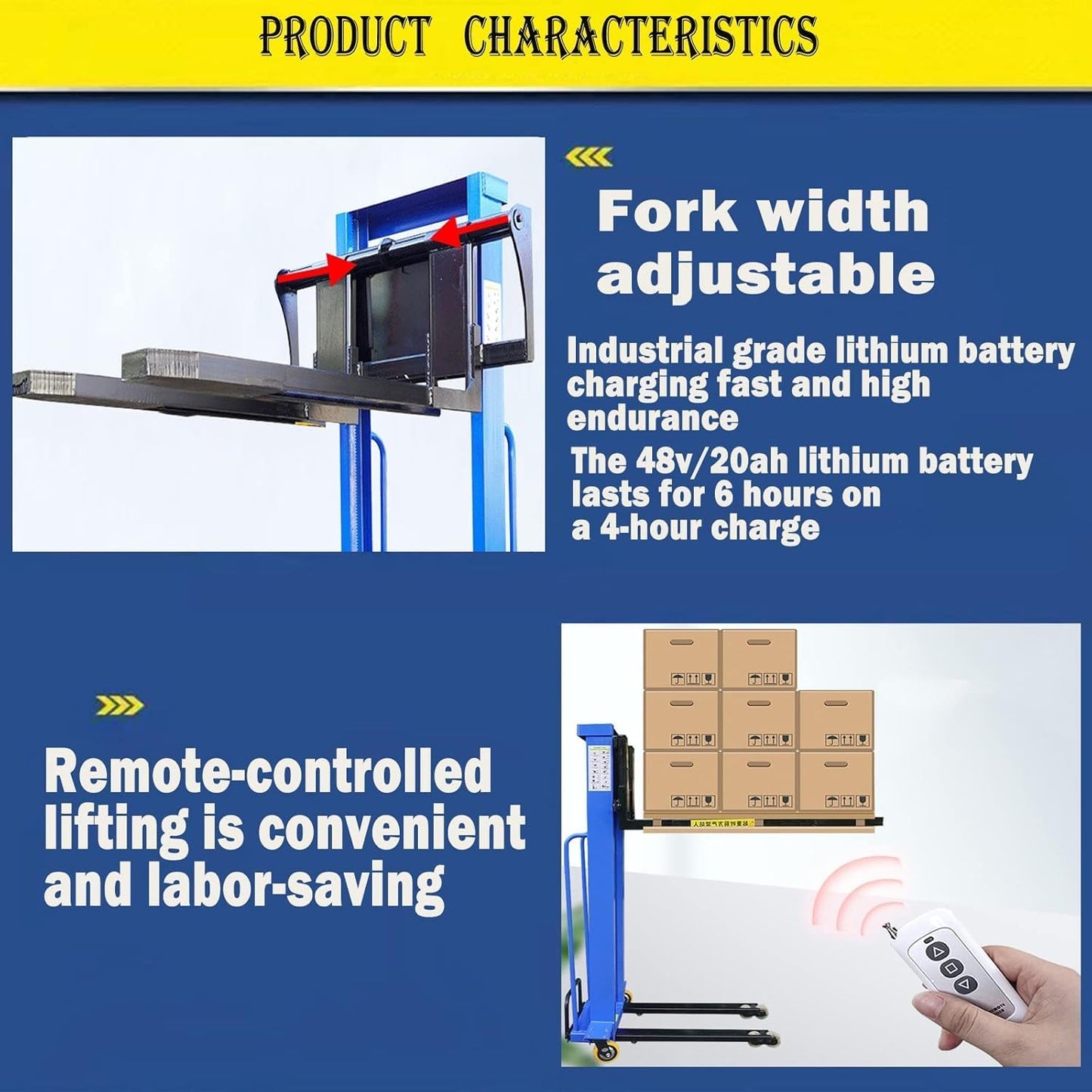 1500lbs Semi Electric Forklift Pallet Stacker - Heavy Duty Hydraulic Hand Truck with Remote Control, Adjustable Lift Height 51/63 Inches, Portable Material Handling Solution Blue B