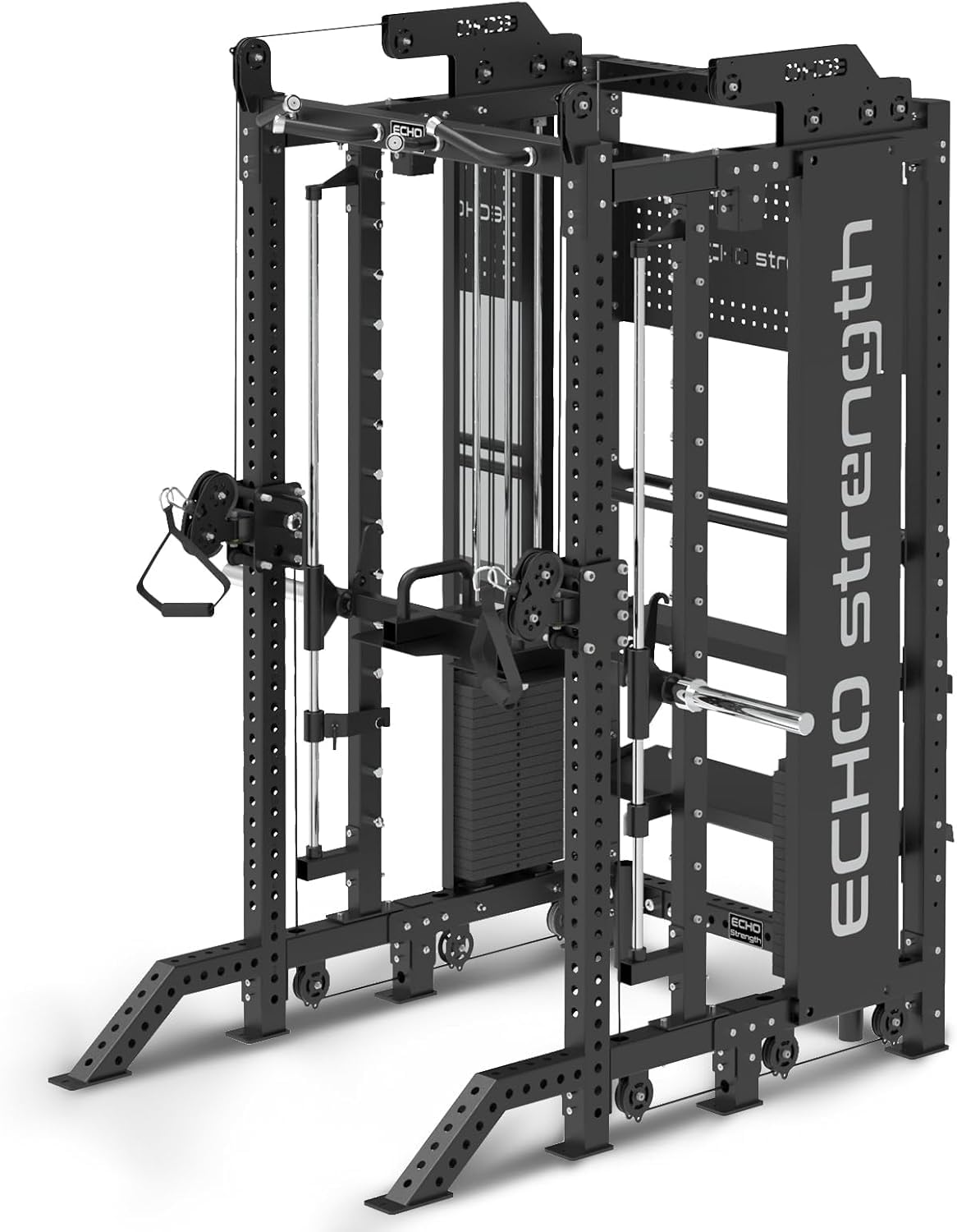 Commercial Cable Crossover Exercise Machine All in One Functional Trainer Cable Machine with 400LBS Weight Stacks Power Cage with Pulley System Compact Smith Machine for Home Gyms (W/Storage Rack)