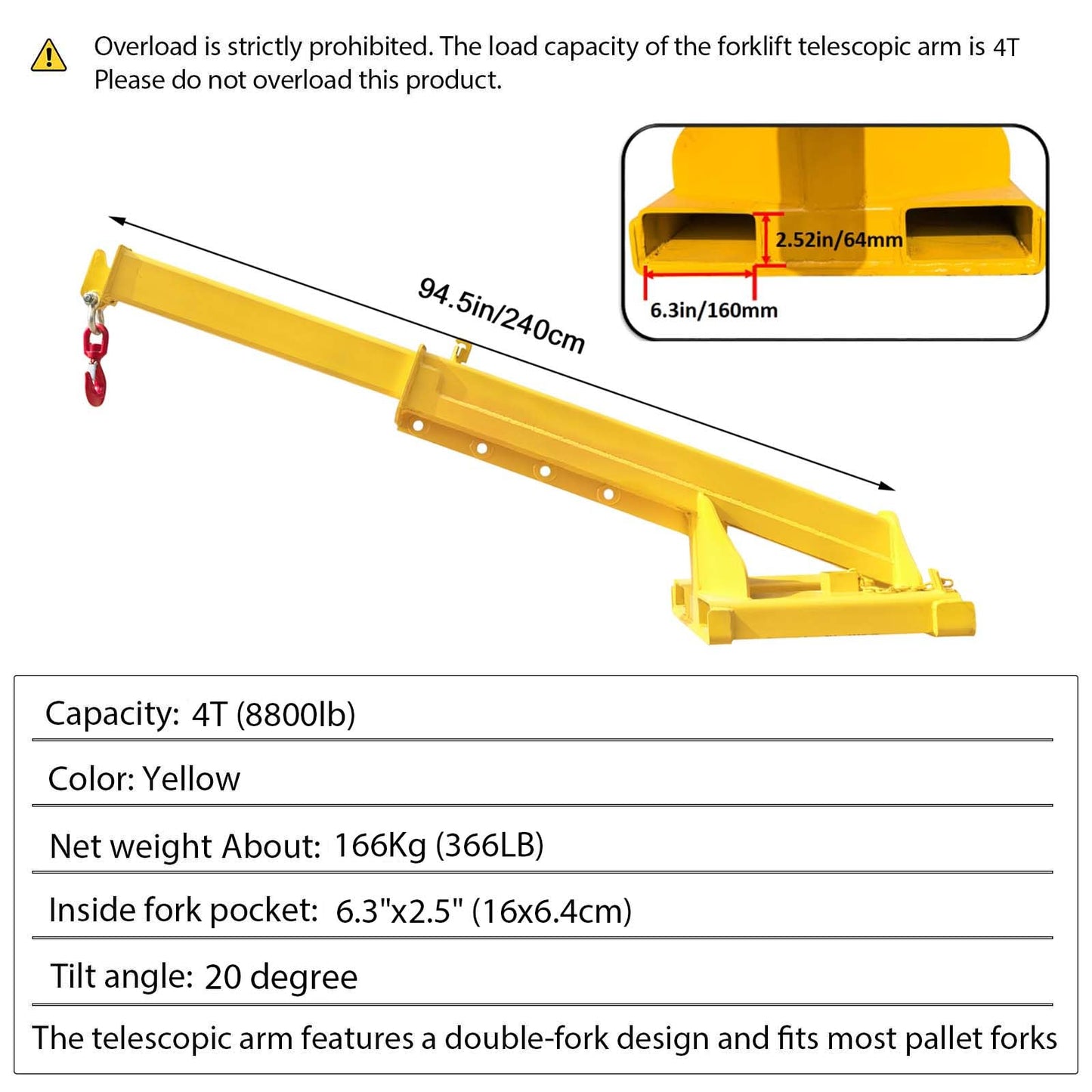 JARYANNIX Forklift Jib Boom Crane, 4T 94.5’’ Forklift Mobile Crane with Hook Hoist, 20°Tilt for Towing Handling Equipment, Adjustable Telescopic Booms Attachments