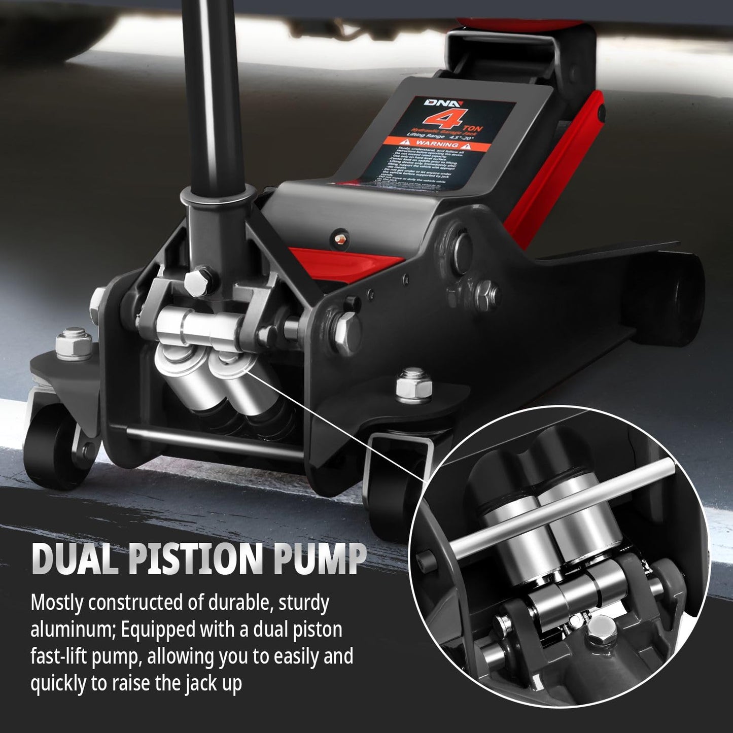 DNA Motoring Floor Jack 4 Ton (8000 lbs) Capacity, Fast Lift Low Profile Hydraulic Trolley Jack, Steel Heavy-Duty Service Car Jack, Lifting Range 4.5"-20", Black, TOOLS-00308-BK