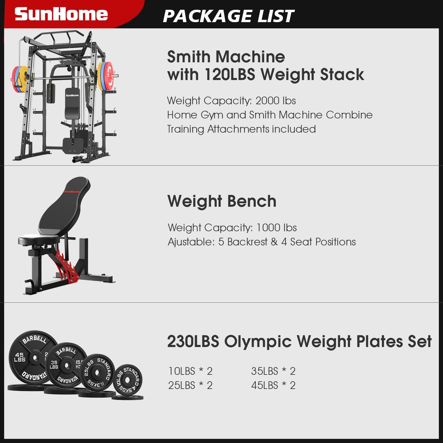 SunHome Smith Machine, Power Cage Squat Rack with Smith Bar, LAT Pull-Down Systems, Cable Crossover Machine and Cable Attachment for Home Gym (Pro Smith Machine with Bench and 230LBS Weight Plates)