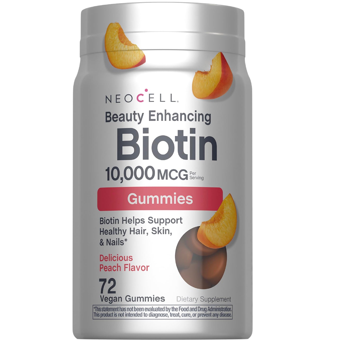 NeoCell biotin 10000mcg Gummies | 72 Count | Beauty Enhancing Supplement | Hair, Skin, and Nails | Peach Flavor
