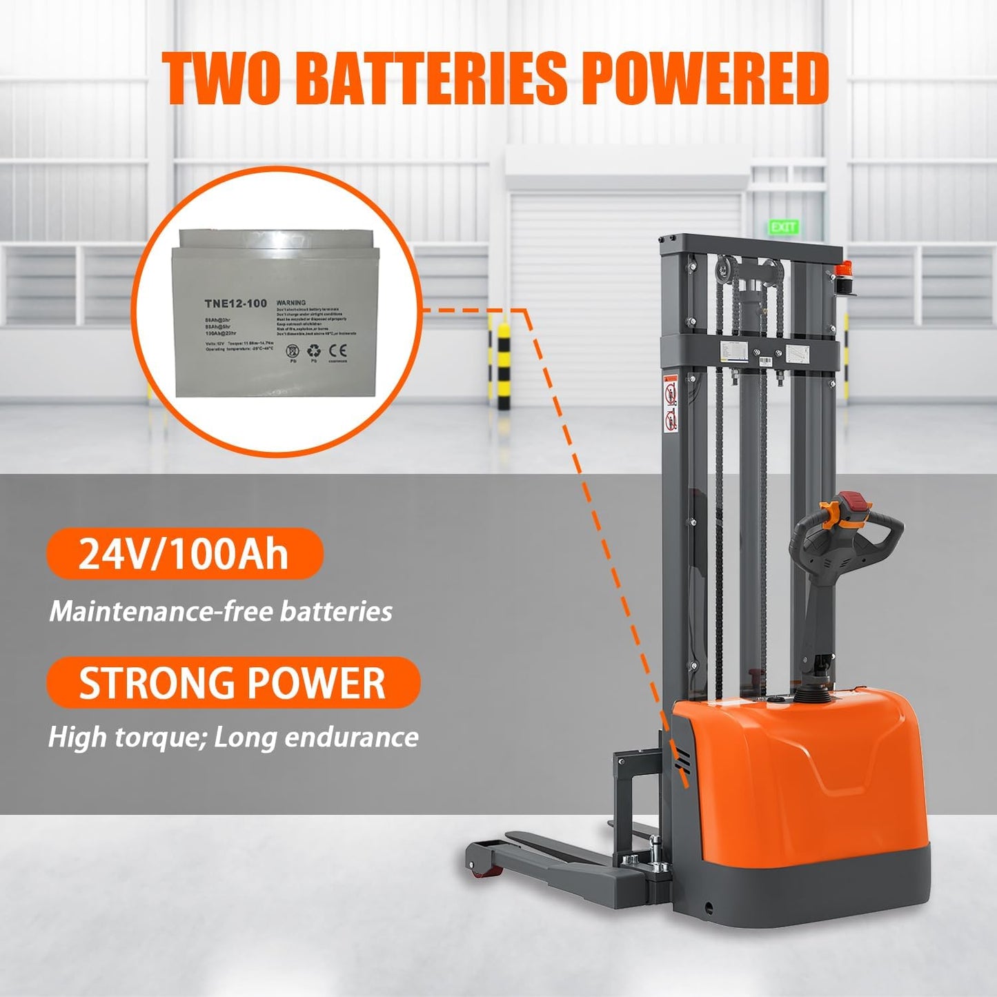 Tory Carrier Full Electric Pallet Stacker, Powered Forklift 3300 lbs Capacity, 130 inch Max. Lifting Height, Straddle Legs & Forks Material Lifts, Gel Battery Pallet Lift for Narrow Spaces