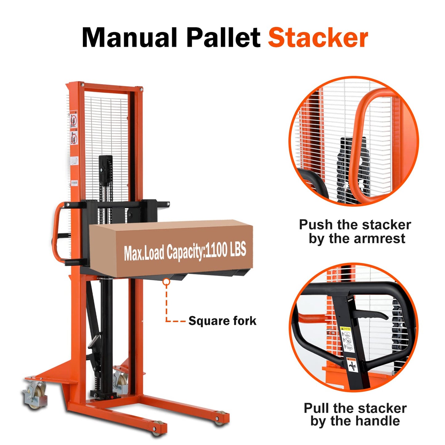 Tory Carrier Material Lift, Manual Pallet Stacker 63” Lifting Height, 1100lbs Capacity with Adjustable Forks Hydraulic Forklift Suitable for Open Bottom Pallets