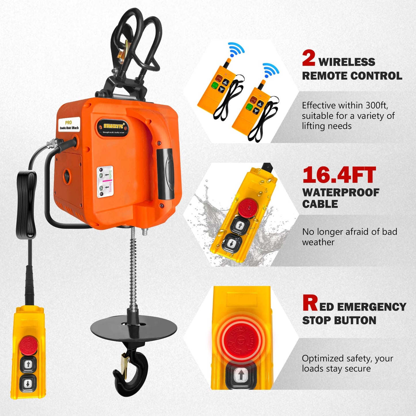 SENKEYFE PRO Power Electric Portable Hoist Winch, 30FT Electric Cable Hoist 1100LBS 1600W 110V/120V with 2 Wireless Remote Control Lifting Strap, Electric Hoist Lift Ceiling Winch for Lifting Towing