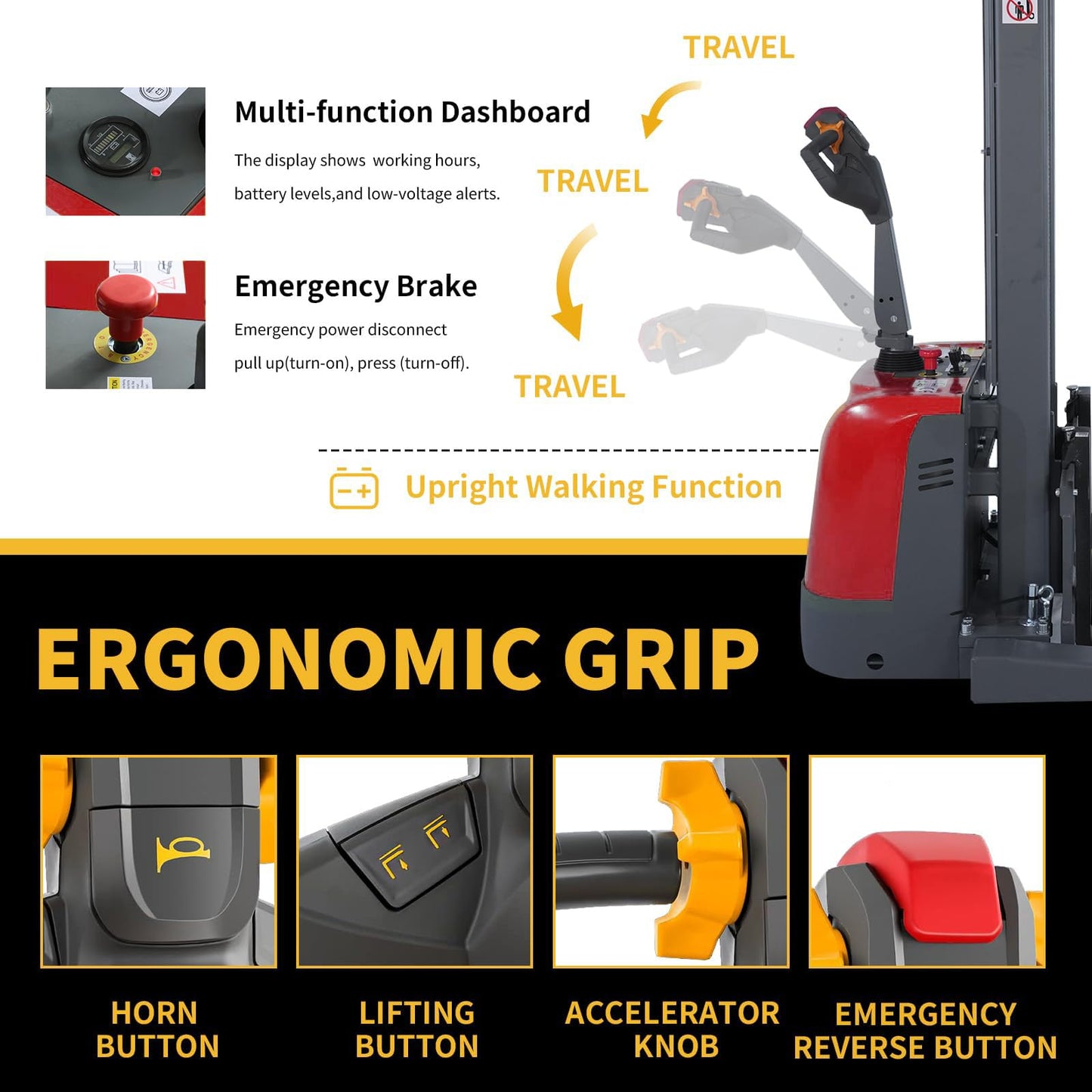 Full Electric Stacker 3300 lbs Capacity, 118" Lifting Height - Industrial Heavy Duty Forklift, Straddle Legs, Adjustable Forks, Power Pallet Stacker for Material Handling, Warehouse