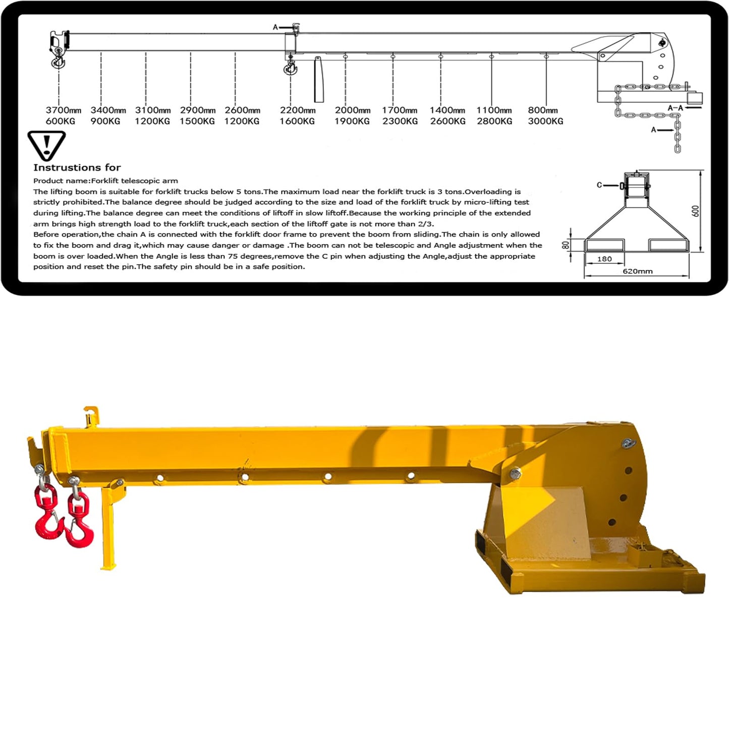 WYDDDARY Adjustable Mobile Crane Lifting Hoist Truss Jib Boom Hook Forklift Telescopic Arm with Adjustable Tilt Angle for Forklift Towing Handling(6614LbS Lift Capacity)