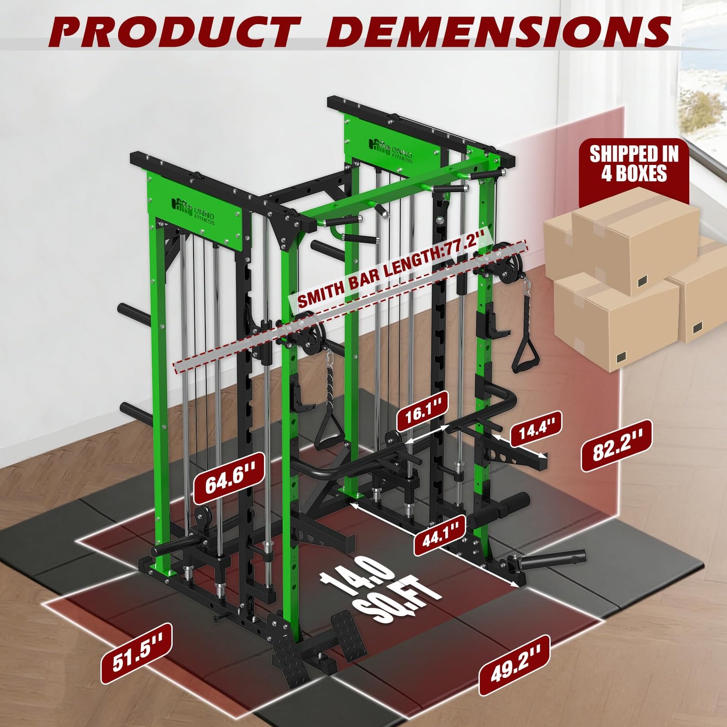 ONNO Smith Machine, 2200lbs Squat Rack with LAT-Pull Down & Cable Crossover System, Multi-Function Power Cage for Home Gym with Leg Hold-Down Attachment, Green