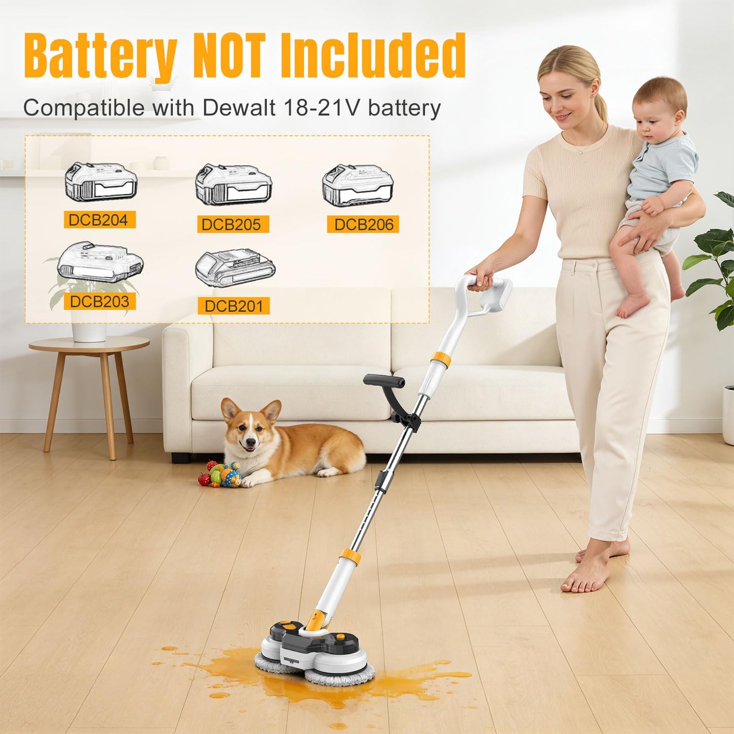 Cordless Electric Mop for Dewalt 20V Battery (NO Battery), 2 in 1 Spin Mop & Electric Floor Scrubber with LED Light & Water Spray, Electric Mops for Floor Cleaning, Hardwood,Tile (White Yellow)