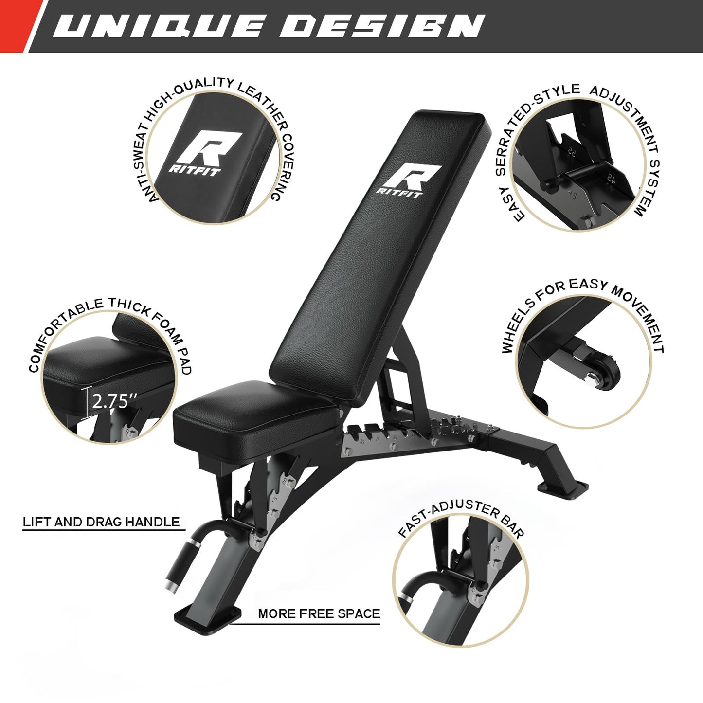 RitFit Squat Rack Power Cage Home Gym Package, Includes 1200LBS Power Rack with Cable Crossover System, Weight Bench, Weight Plate Set with Olympic Barbell (Package 1.7K (Bumper Plate 230LBS))-Black