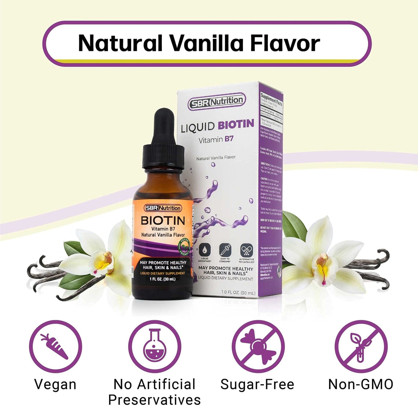 SBR Nutrition Biotin Liquid Drops, 5000mcg per Serving (60) 1.0Fl.oz (30ml) Vanilla
