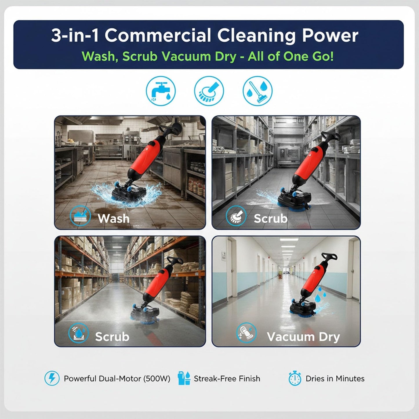 Efficieran Commercial Floor Washer And Buffer, Walk Behind Electric Floor Scrubber Machine For Concrete, Vinyl And Luxury Wood, 360° Rotating Head Portable Cleaner, Cordless