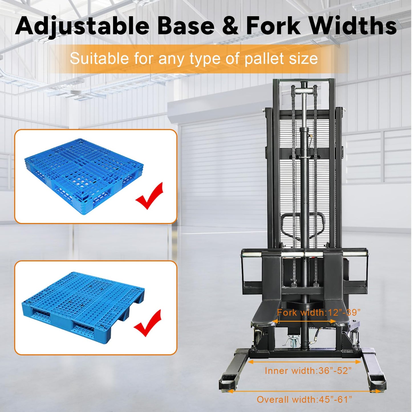 KAIXUN Semi Electric Stacker, 118'' Lifting Height 3300lbs Capacity Pallet Stacker, Straddle Legs Material Lifter with Adjustable Forks for Warehouse