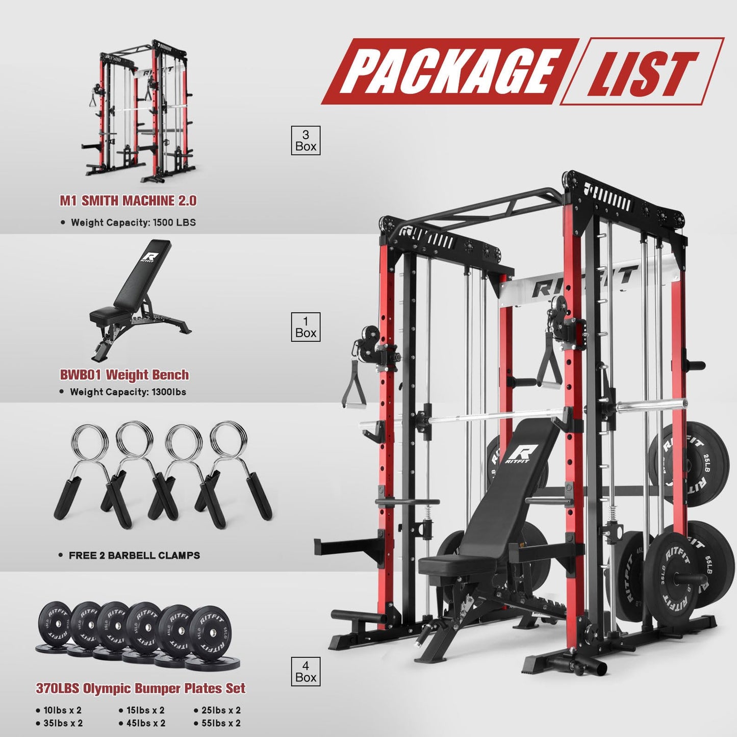 RitFit M1 Pro SmithMachine with Cable Crossover System, Multi-Function Squat Rack Power Cage for Home Gym, Power Rack and Packages Red（bp370 Package）