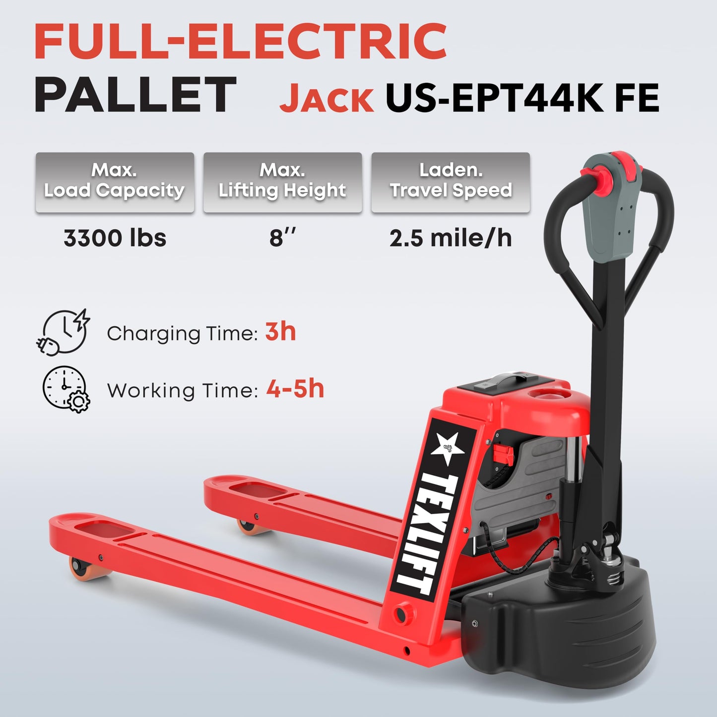 TEXLIFT Full Electric Power Pallet Jack – Standard Duty Pallet Truck 4400 Lb Capacity, 48” L x 27” W Fork Size, Plug-in 48V/15A Lithium Battery – Max Lift Height 7.8 Inch - (US-EPT44K-FE) - 2 Pack