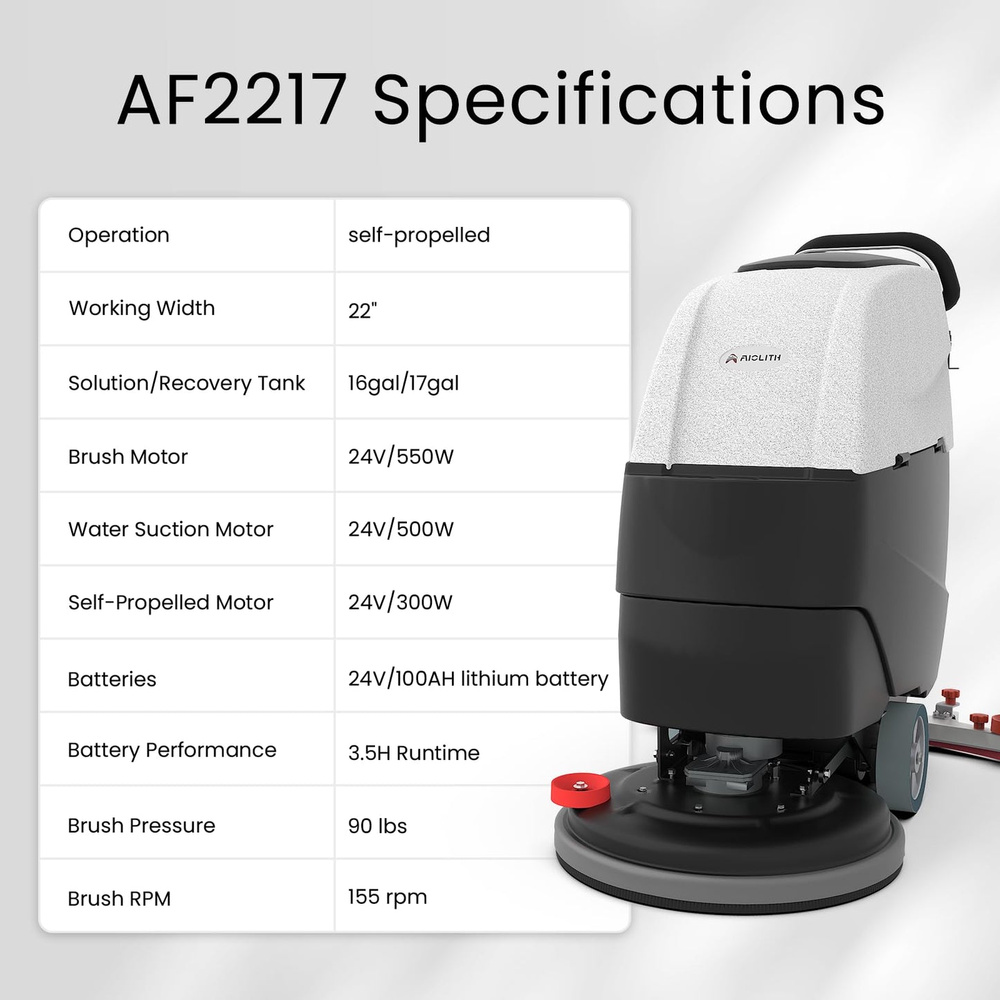 AIOLITH AF2217 Self-Propelled Auto Floor Scrubber with Traction Drive, 22" Path, 17-Gal Tank, Up to 38,000 ft²/h, Lithium Battery for Warehouses, Schools, Hospitals, Airports