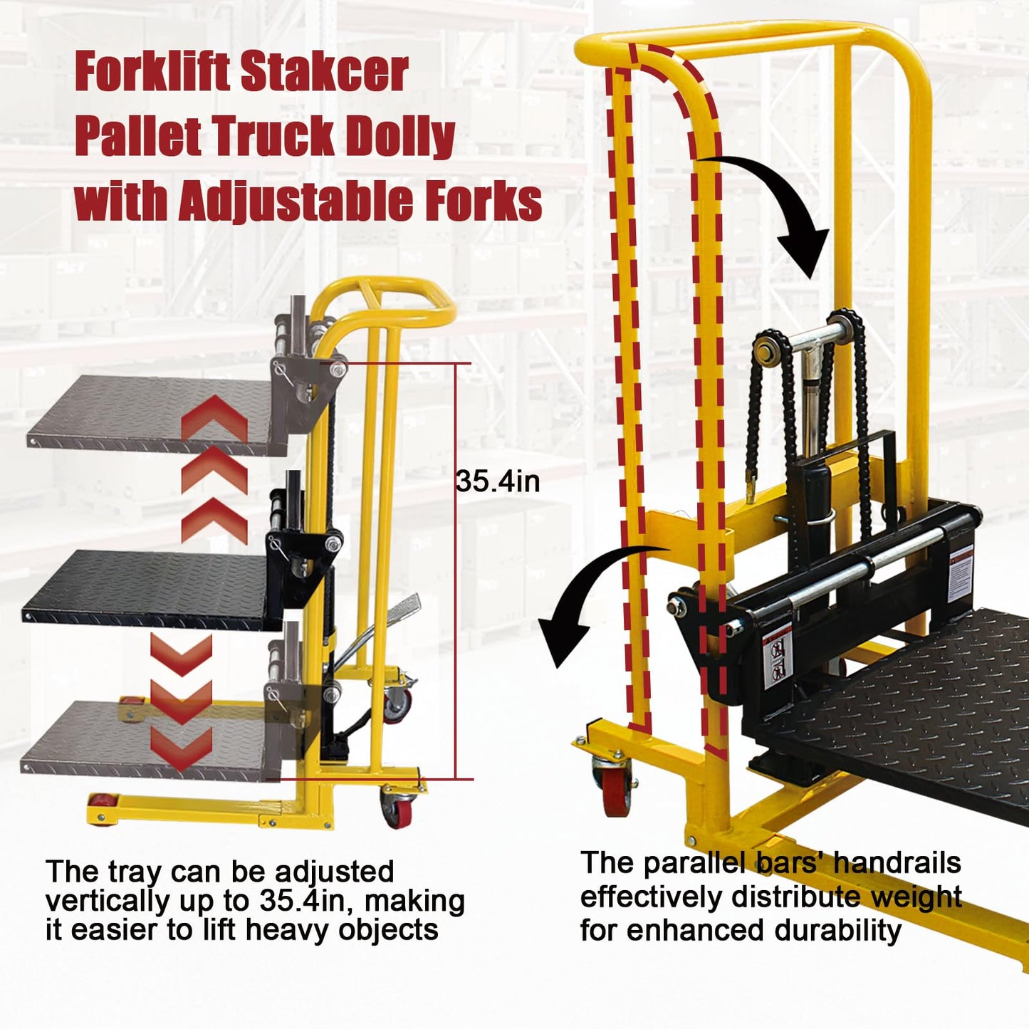 Hydraulic Material Lift Winch Stacker, Double-Support Pallet Truck, Capacity Pallet Truck Dolly, Manual Forklift Stakcer, 35" Max Lift w/ 3.6" Wheels 360° Swivel Casters, Adjustable Forks