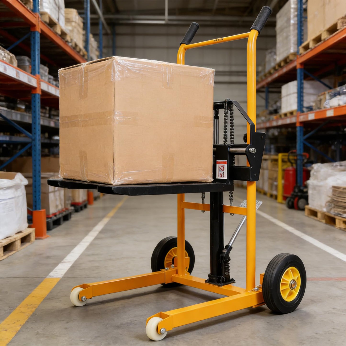 Heavy Duty Manual Pallet Stacker - 440 LB Capacity Hydraulic Lifting Equipment, 35.5" Lift Height with Adjustable Forks & 4-Wheel Mobility, Sturdy Steel Commercial Warehouse Tool, Yellow