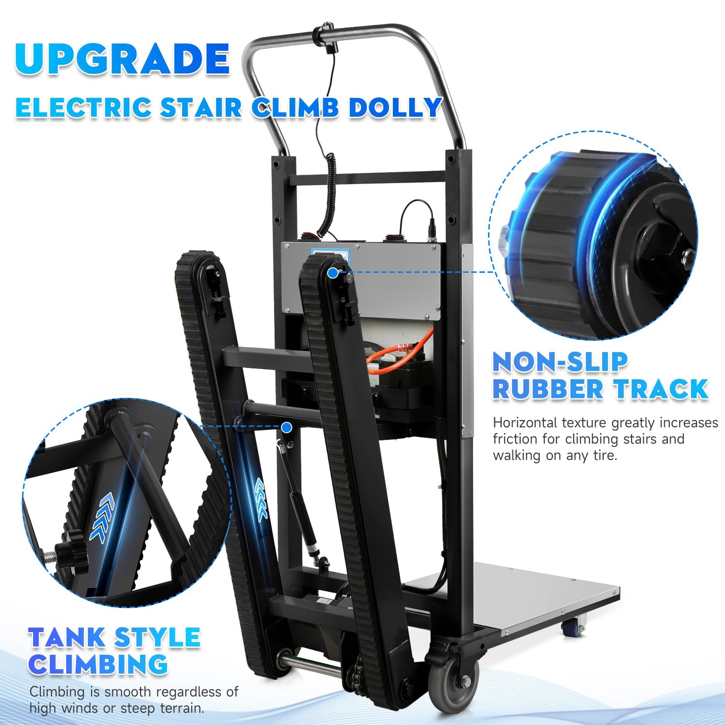 1250W Electric Stair Climbing Dolly, 900lbs Capacity Heavy Duty Stair Climber with Rubber Tracks, Lithium Battery & Safety Rope, Stainless Steel Platform for Moving Furniture Warehouse, Black