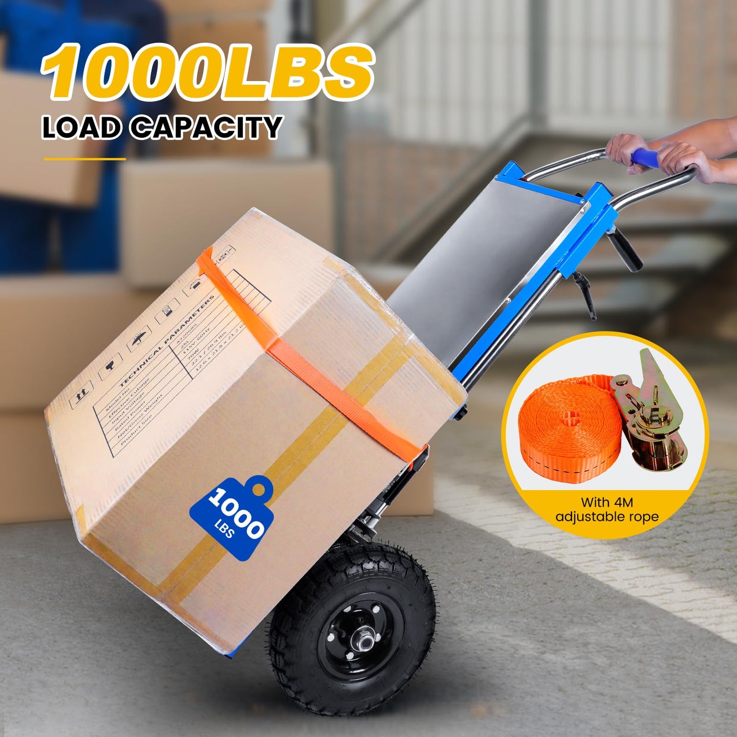 Electric Stair Climbing Dolly, 1200W Electric Hand Trucks Foldable, 880lbs Capacity Powered Stair Climbing Hand Trucks Dolly Cart with 4M Safety Rope, for Furniture Logistics Warehouse