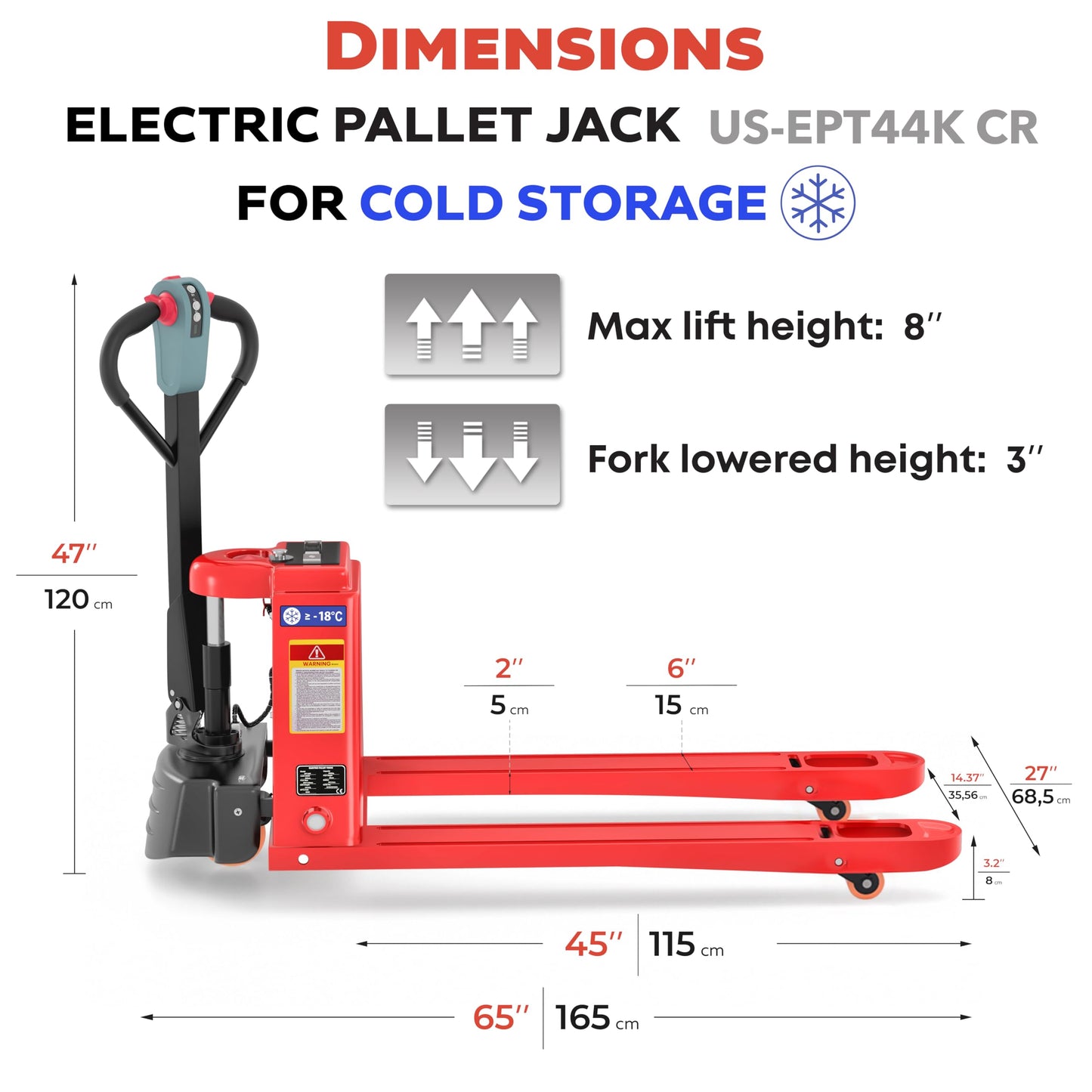 Full Electric Cold Storage Power Pallet Jack 4400 Lb Capacity – 48V/15Ah Lithium Battery, Freezer Rated to 0°F, 45" x 27" Forks, 8" Lift Height, Standard Duty Walkie Pallet Truck (US-EPT44K-CR)