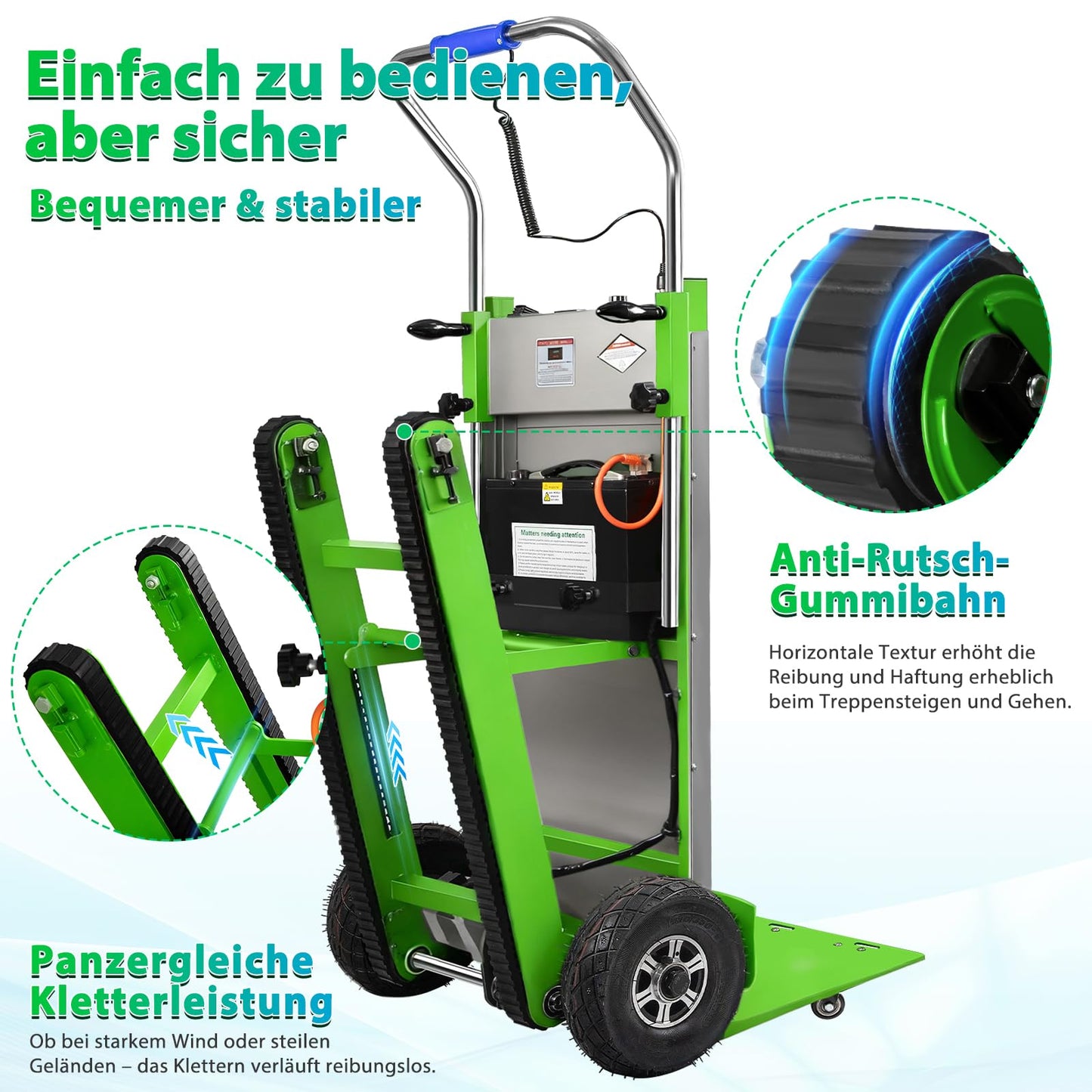 Electric Stair Climbing Dolly, 1250W Electric Hand Truck with Telescopic Handle, 3 Mode Folding Stair Climber 900lbs Max Load Capacity for Effortless Moving of Furniture (Green - Track & Wheel)