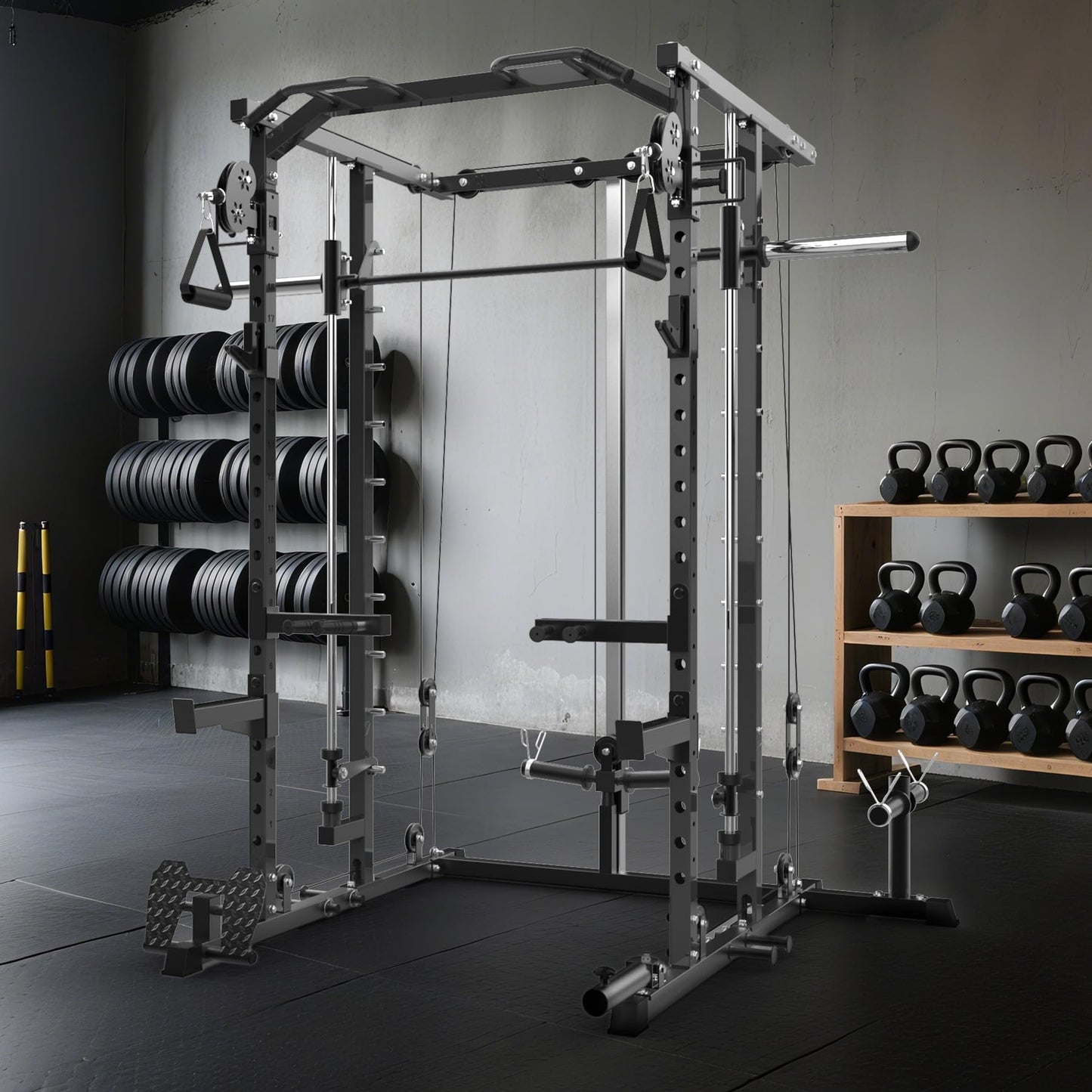 GAOMON Smith Machine Squat Rack, Heavy Duty Strength Training Power Cage with Pulley System, Dip Bar, LAT Pulldown, Multifunctional Workout Machine for Home Gym, Studio, Black