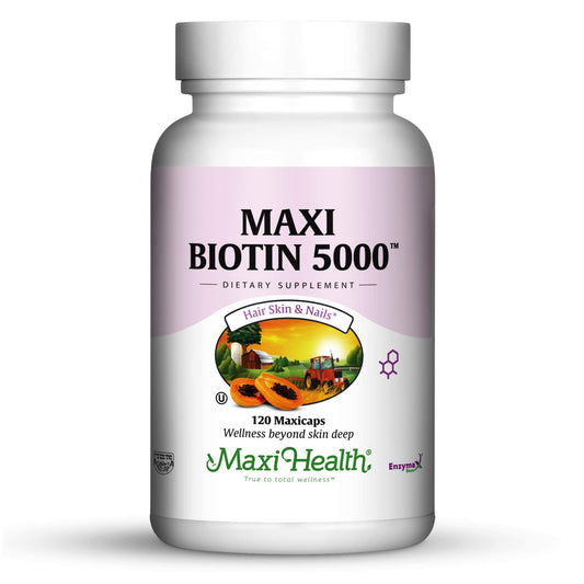 Maxi Health Biotin 5000 mcg – Hair Skin and Nails Vitamins for Women & Men – High Potency Vitamin B7 Supplement for Hair Growth, Strong Nails & Healthy Skin – Kosher, Doctor Formulated – 120 Capsules