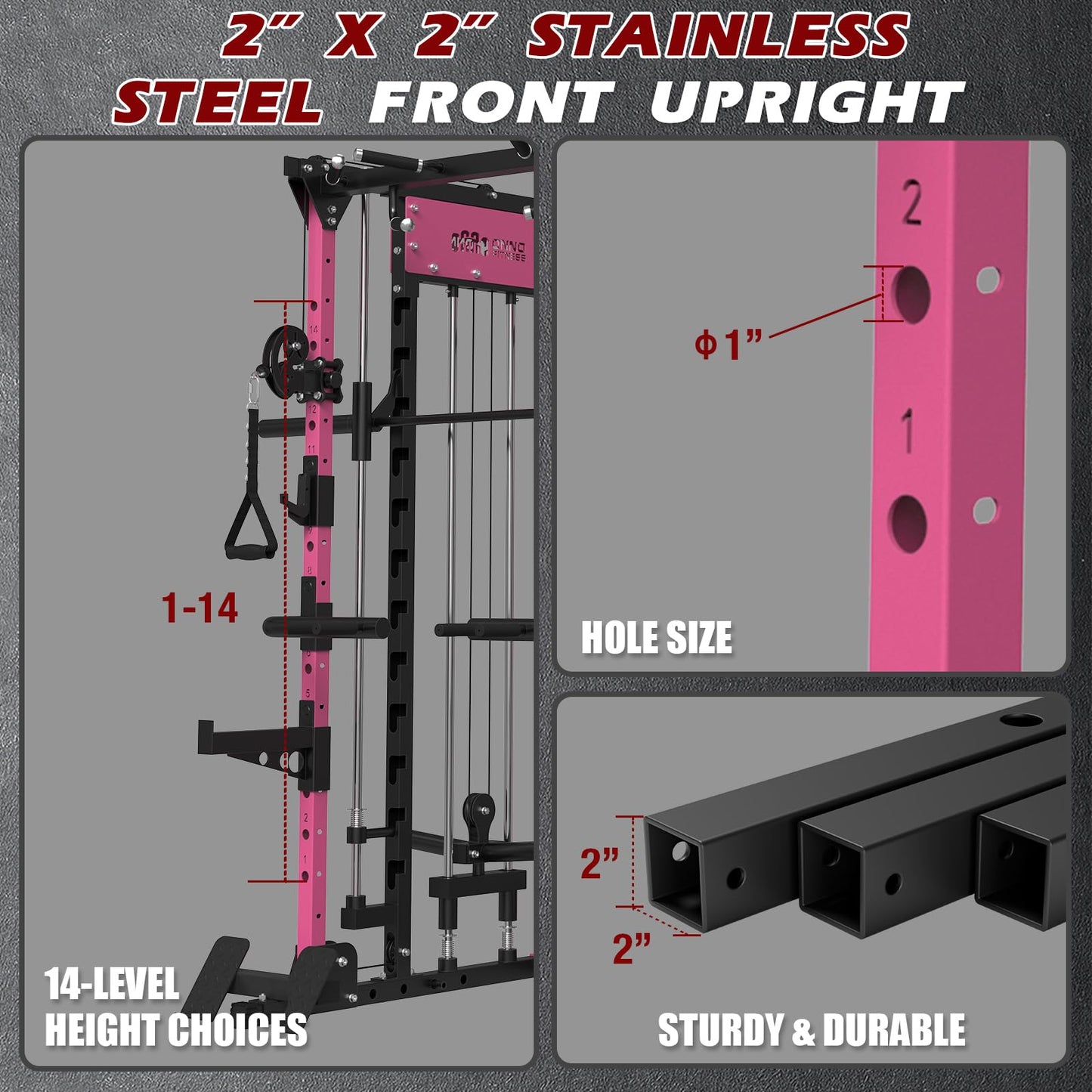 ONNO Smith Machine, 2200lbs Squat Rack with LAT-Pull Down & Cable Crossover System, Multi-Function Power Cage for Home Gym with Leg Hold-Down Attachment Pink