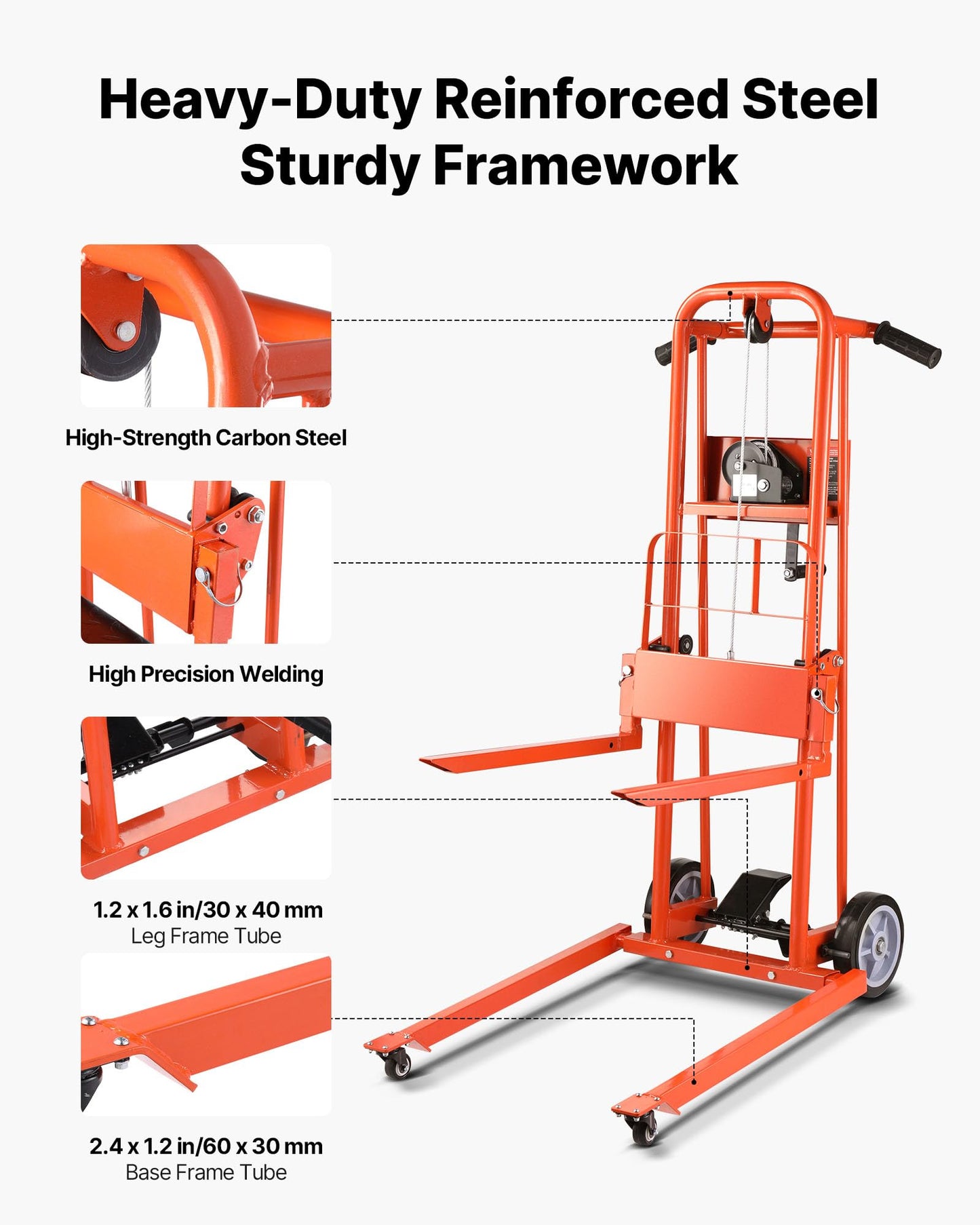 VEVOR Material Lift Winch Stacker, 330 lbs Capacity Hand Winch Lift Truck, 42.9 inch Lifting Height, Multifunctional Manual Pallet Truck Dolly with Swivel Casters & Lift Plate