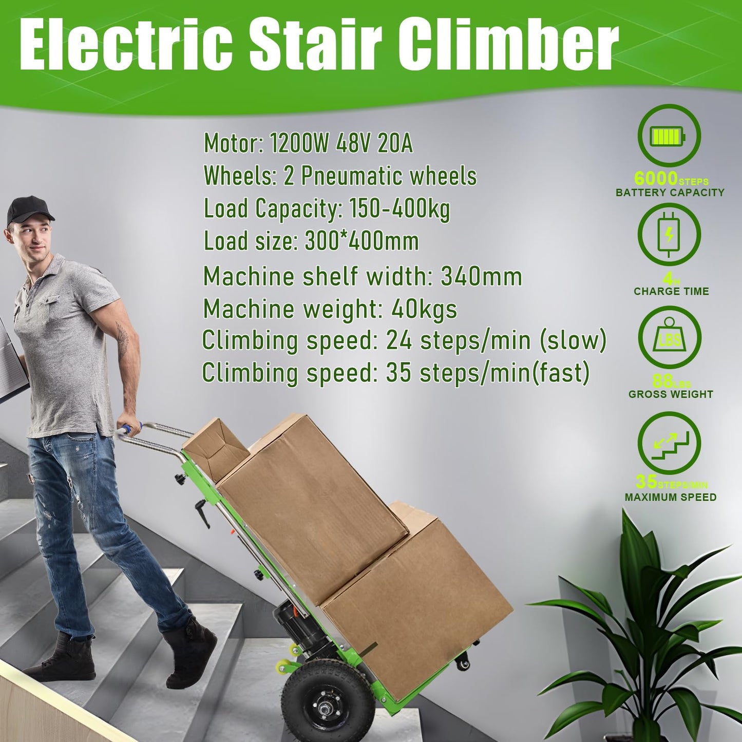 ZLPOWER Electric Stair Climbing Hand Trucks Heavy Duty Dolly Cart for Moving 880lb Max Capacity 1200W Motor Power Folding Furniture Climber Trolley Battery Powered for Family Removal Warehouse