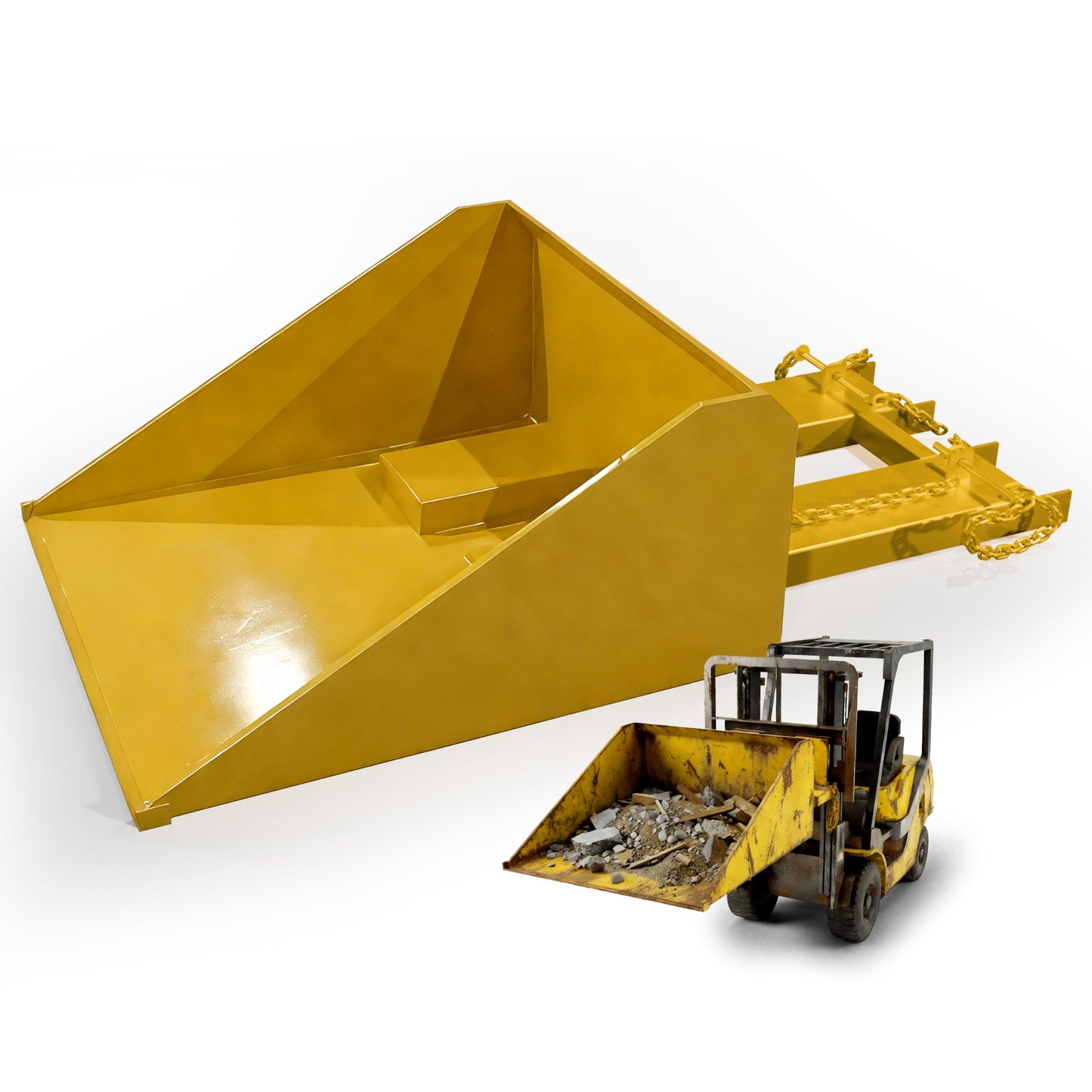 Apex 1/2 Cubic Yard Forklift Front Loading Self-Dump Bucket Attachment, 45 in Width, 4000 lb Max Capacity, 550 lb Weight, Yellow, Transport Snow Gravel, Sand, Brush