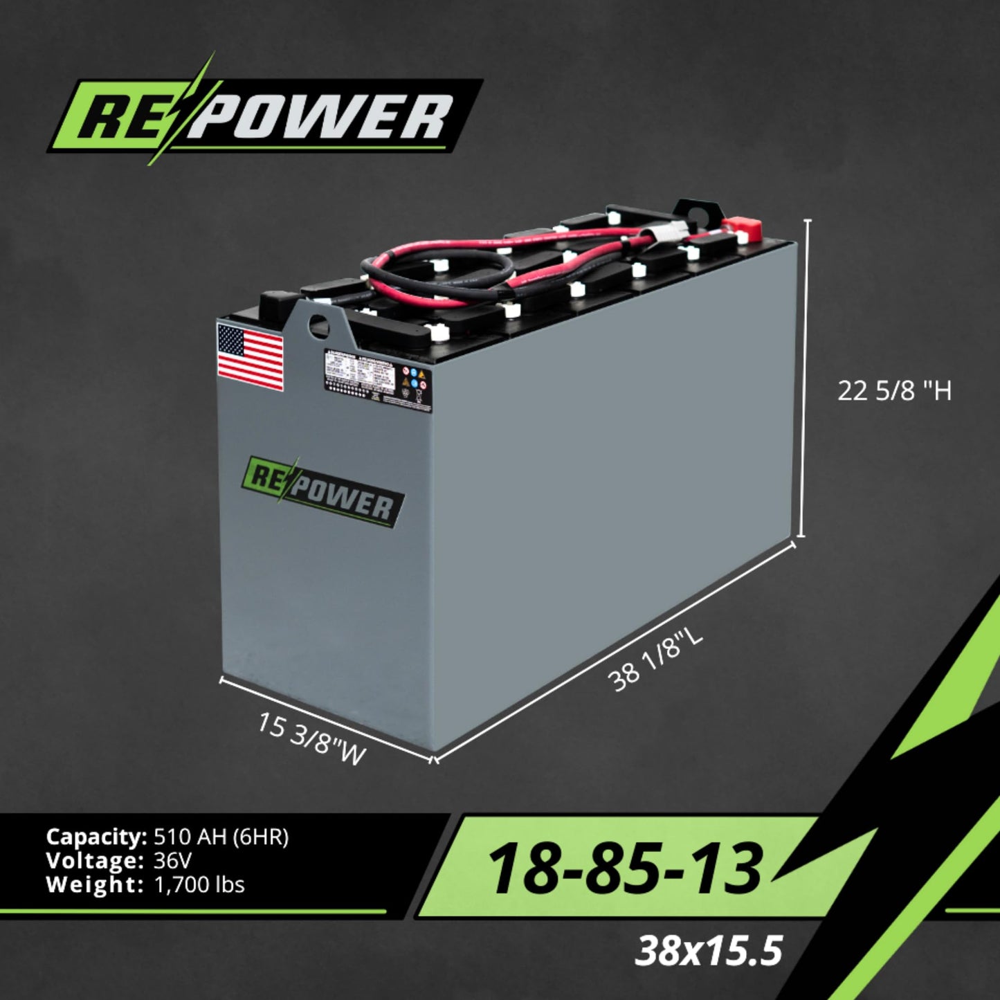 Repower - 36V Forklift Battery - Reconditioned Lead Acid for Electric Forklifts - Heavy Duty Industrial Power - 18-85-13 Series 38x15 - Warehouse Equipment - Compatible with Systems